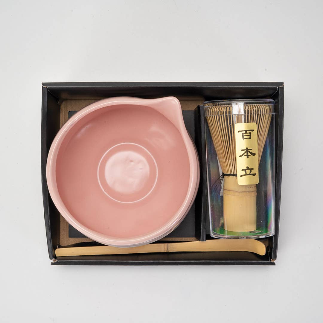 Matcha Set 20oz Porcelain Latte Bowl with Whisk and Scoop Pink Brushstroke (1/16)