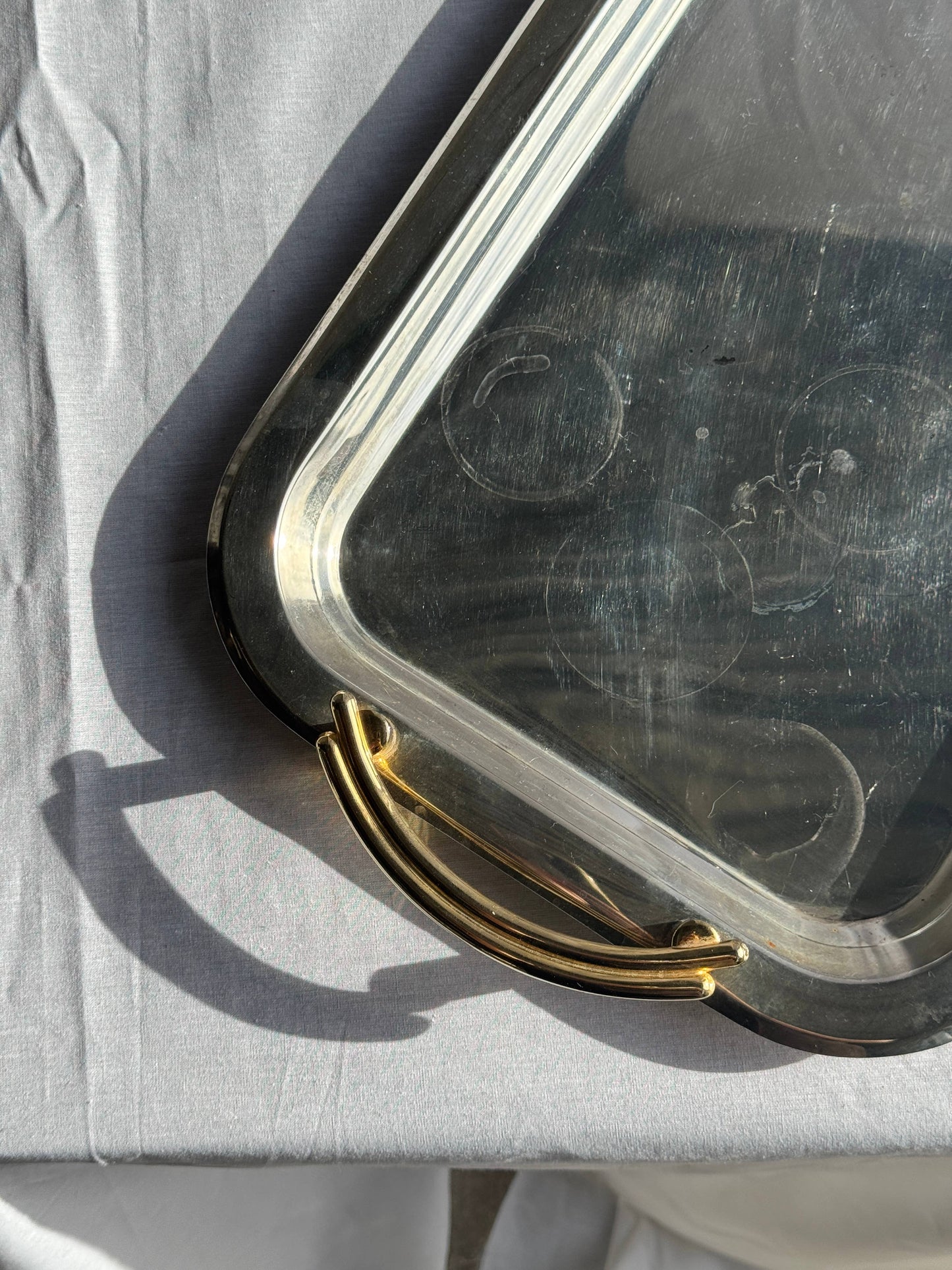Vintage silver-plated metal tray with golden handles 29x45