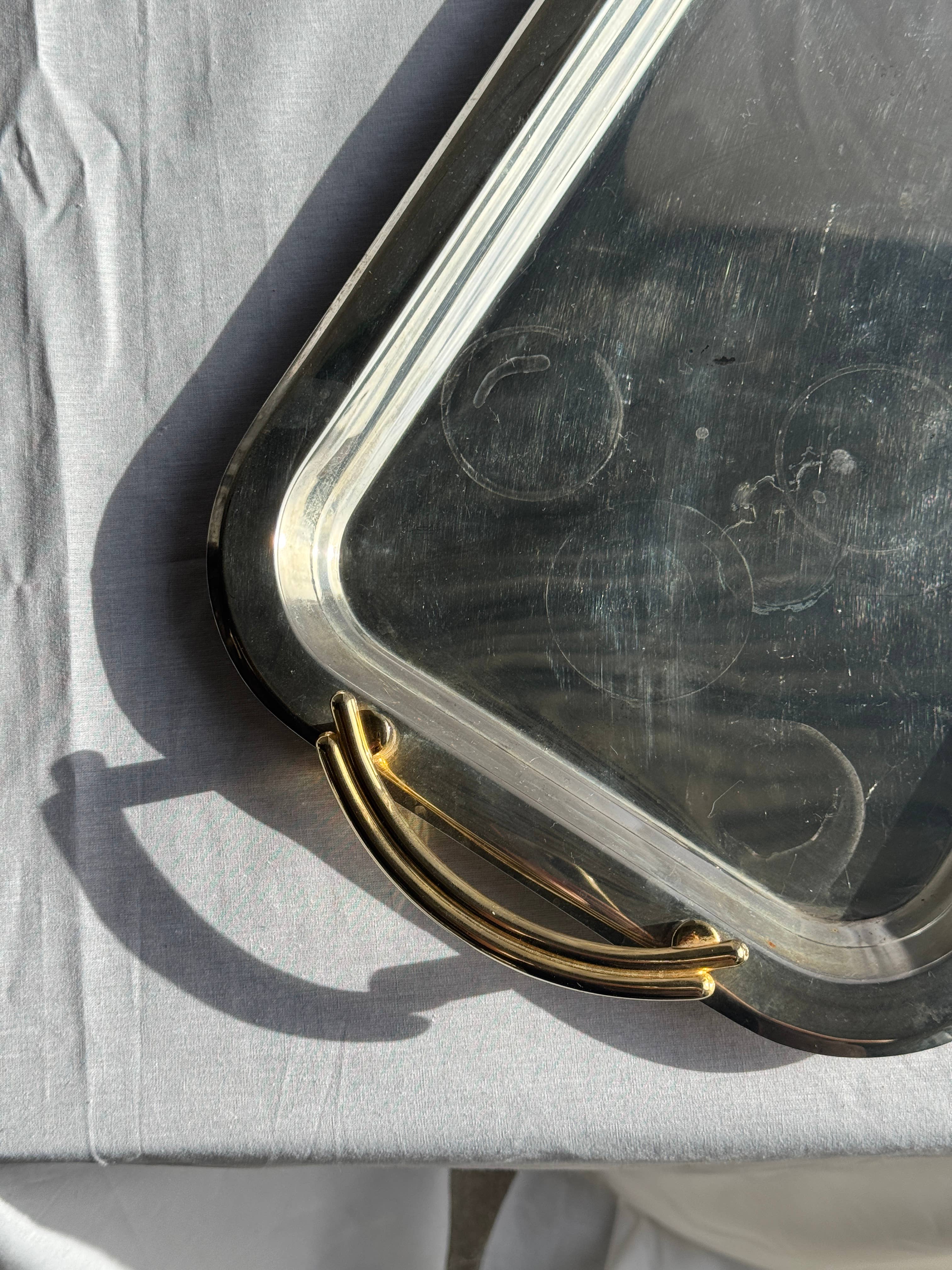 Vintage silver-plated metal tray with golden handles 29x45