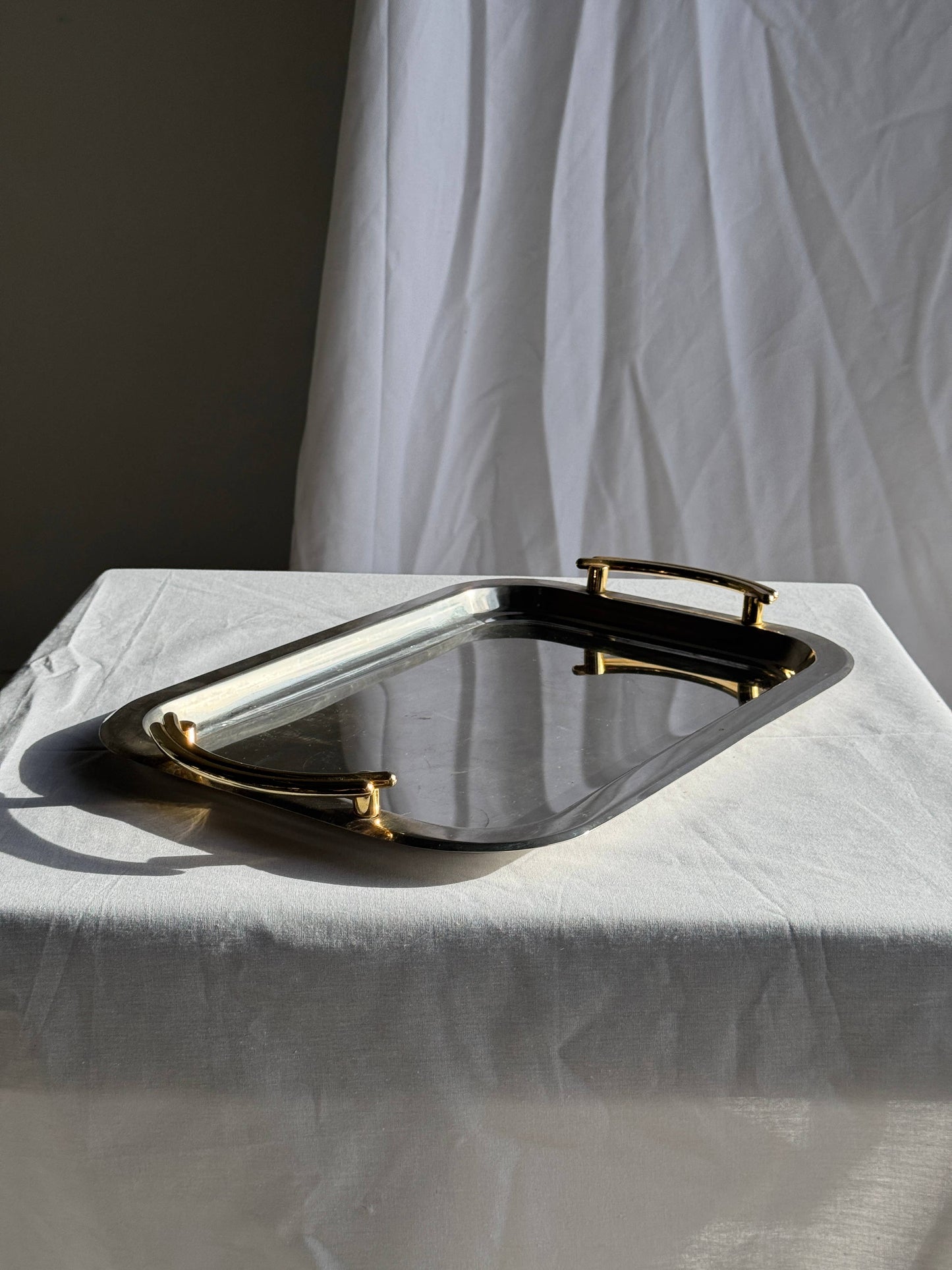 Vintage silver-plated metal tray with golden handles 29x45