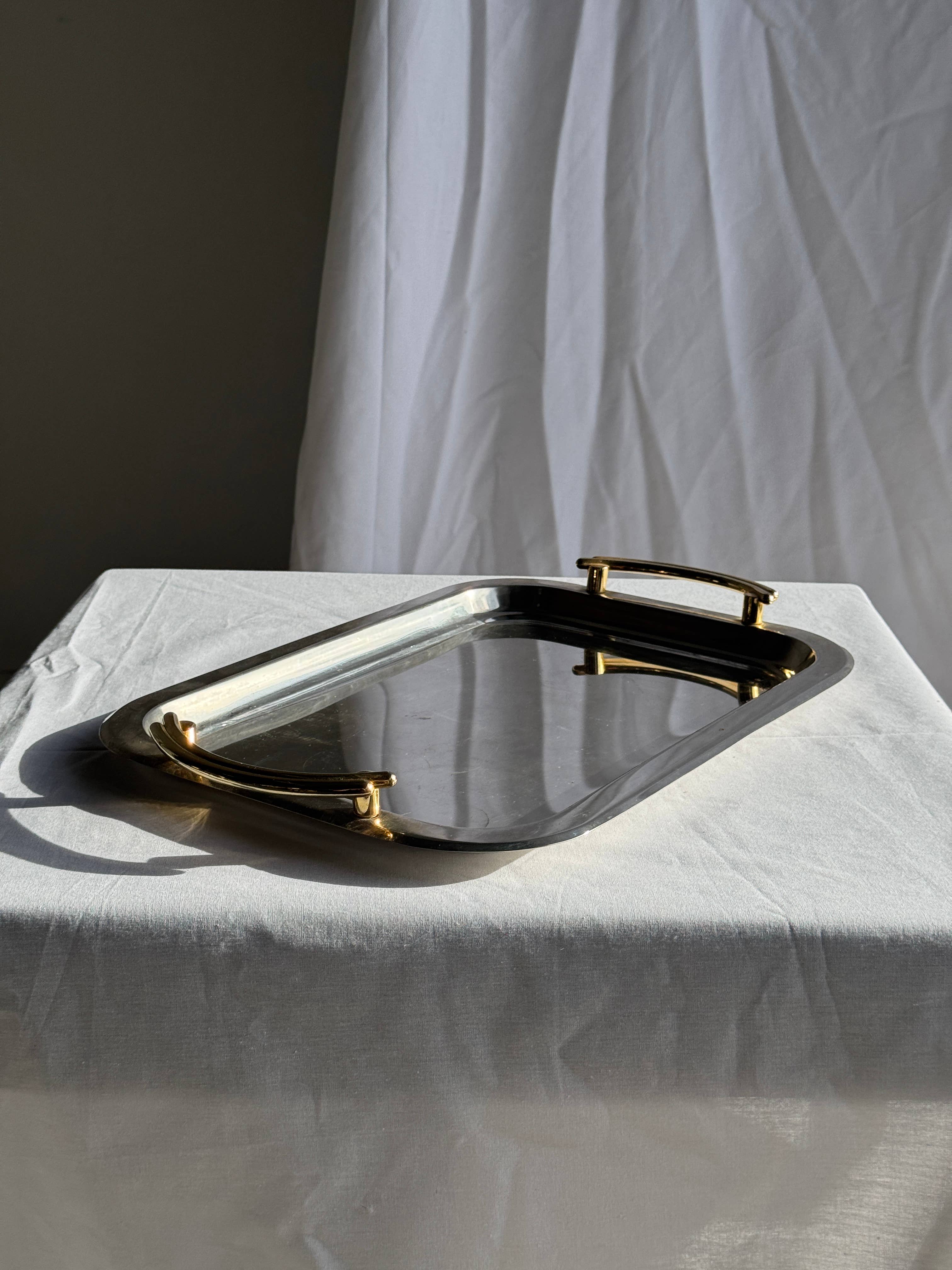 Vintage silver-plated metal tray with golden handles 29x45