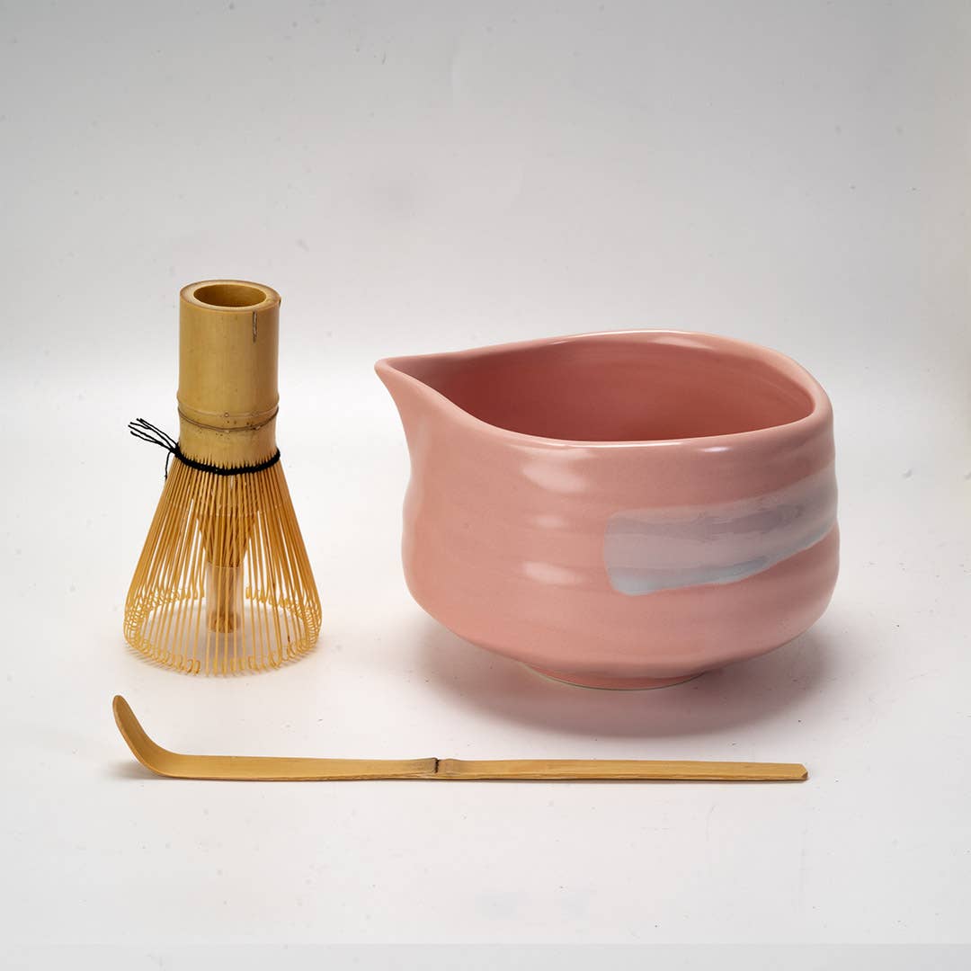 Matcha Set 20oz Porcelain Latte Bowl with Whisk and Scoop Pink Brushstroke (1/16)