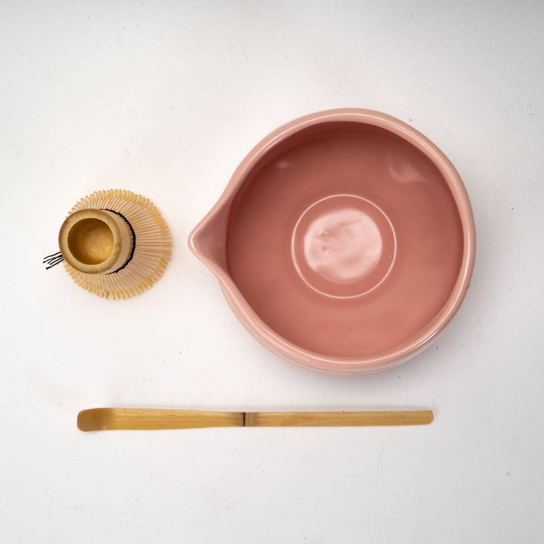 Matcha Set 20oz Porcelain Latte Bowl with Whisk and Scoop Pink Brushstroke (1/16)