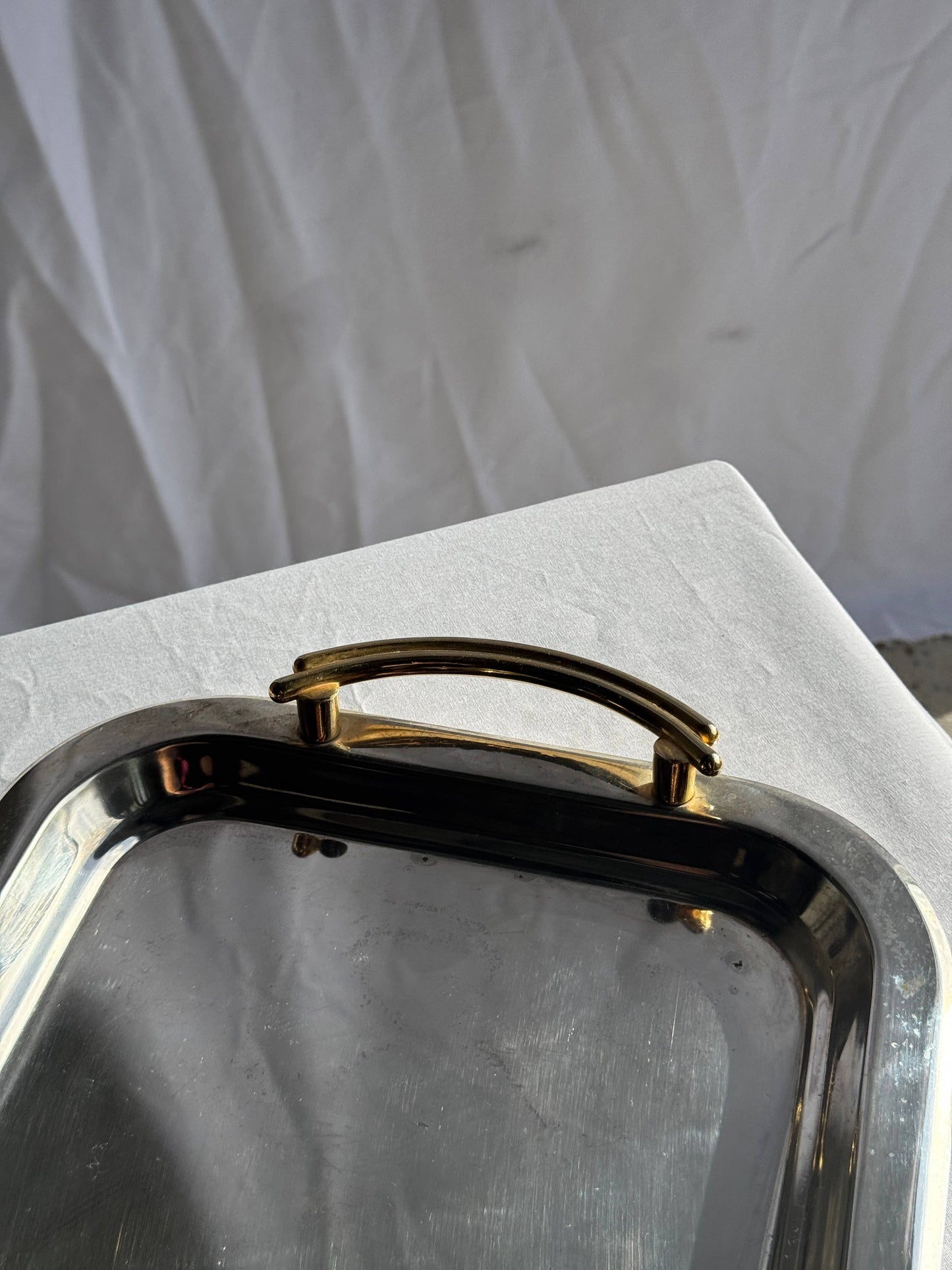 Vintage silver-plated metal tray with golden handles 29x45