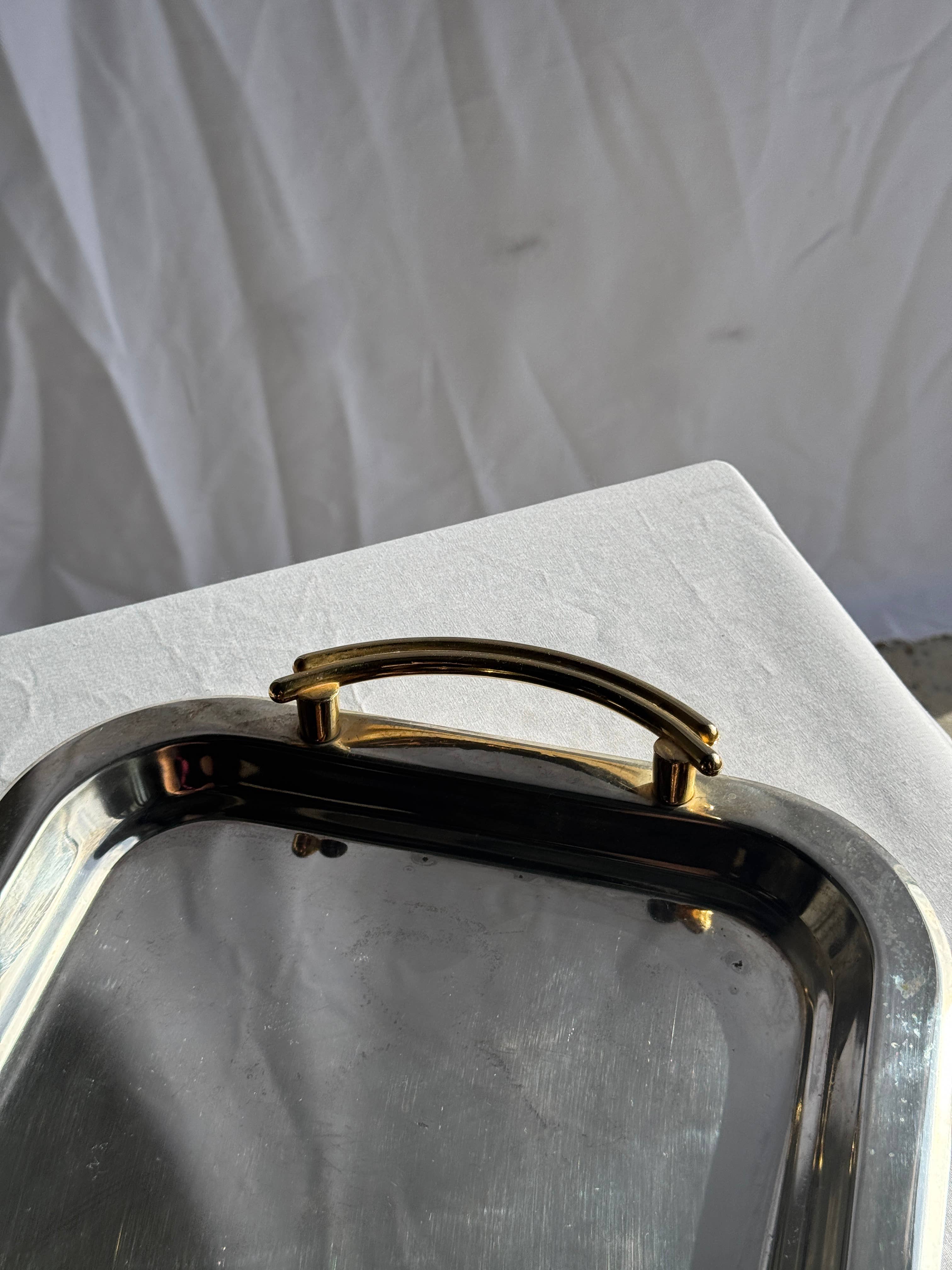 Vintage silver-plated metal tray with golden handles 29x45
