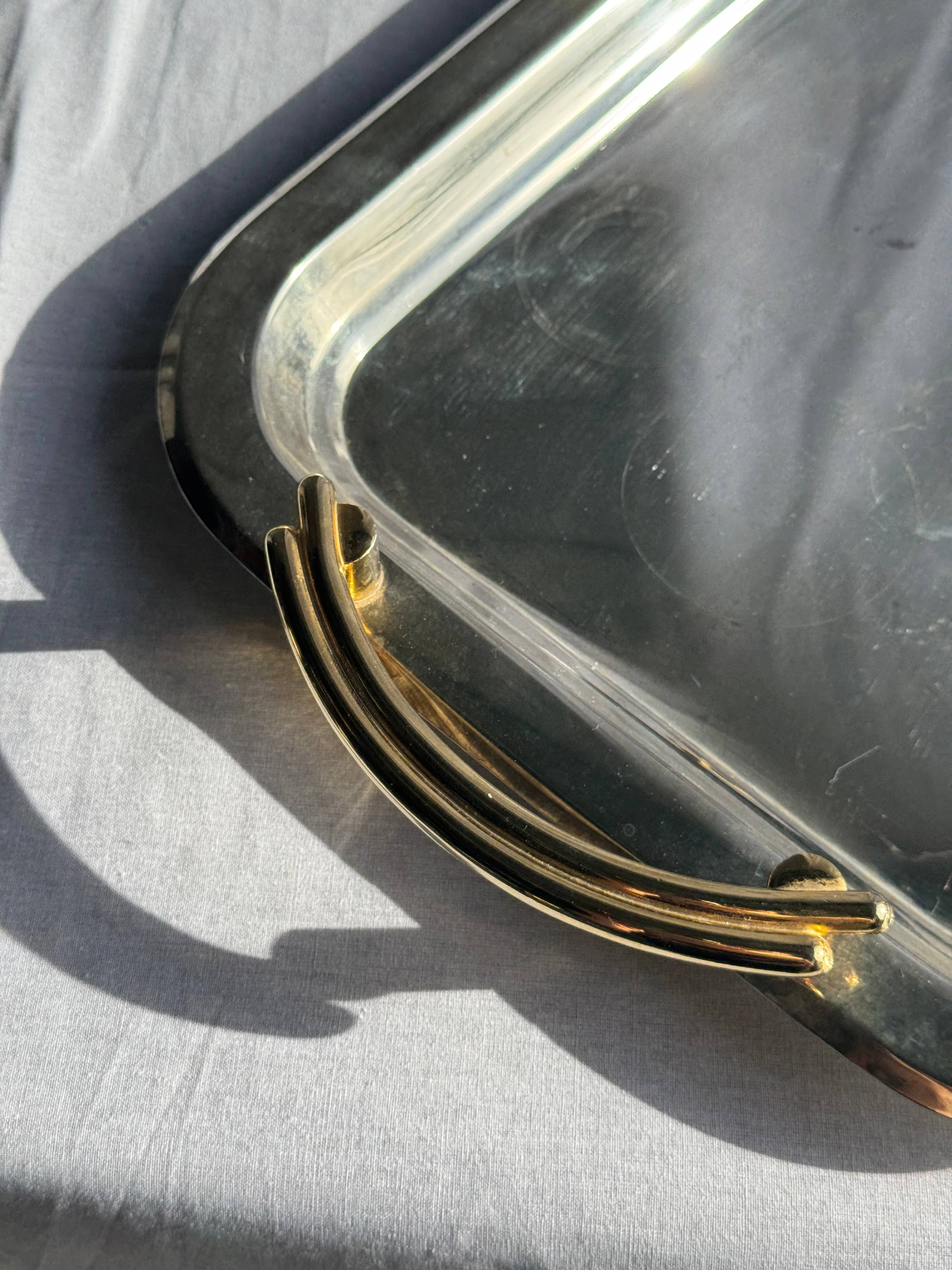 Vintage silver-plated metal tray with golden handles 29x45