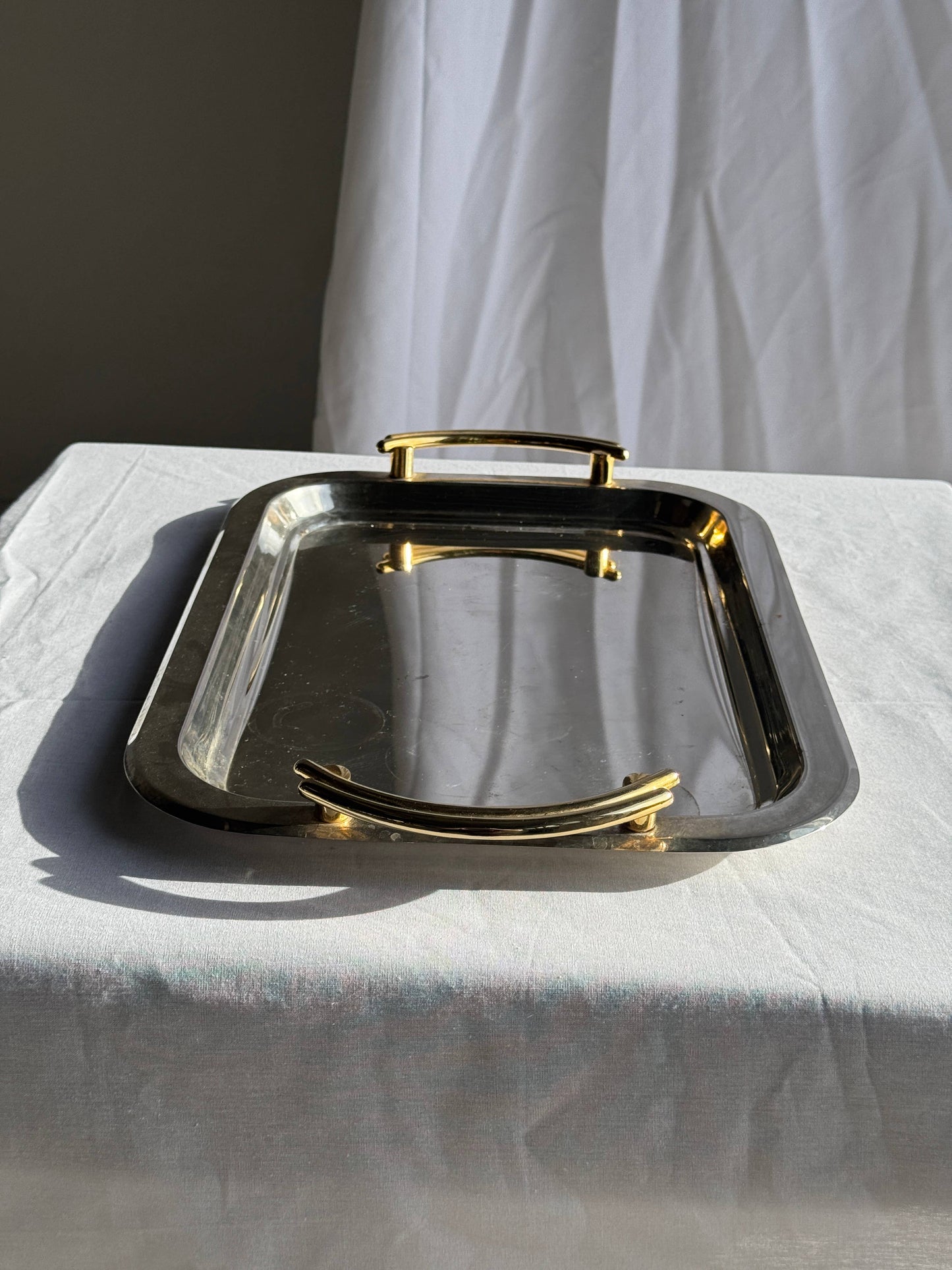 Vintage silver-plated metal tray with golden handles 29x45