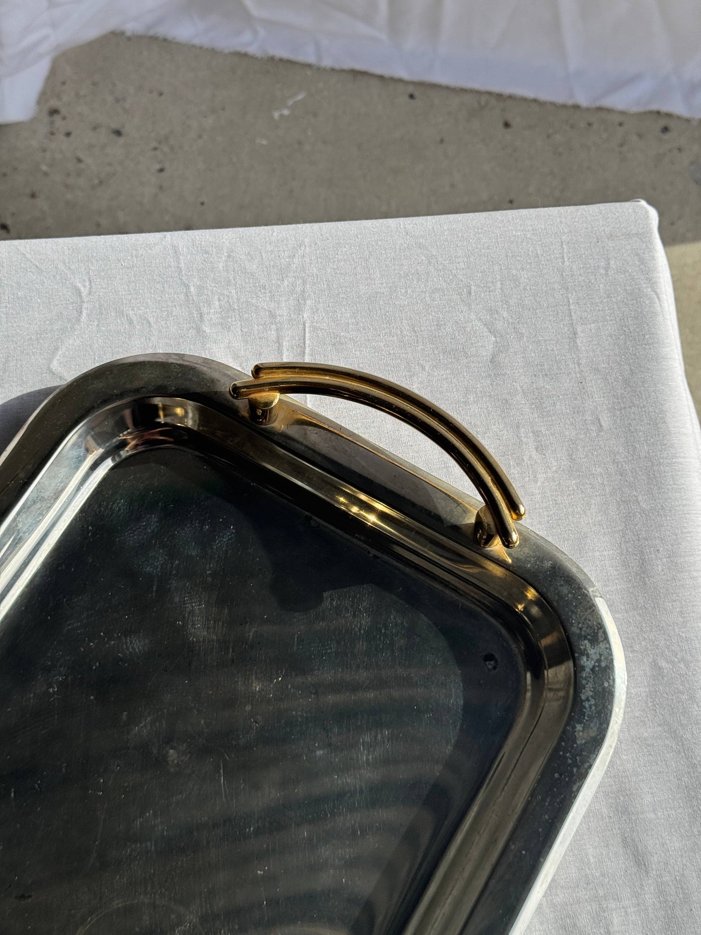 Vintage silver-plated metal tray with golden handles 29x45