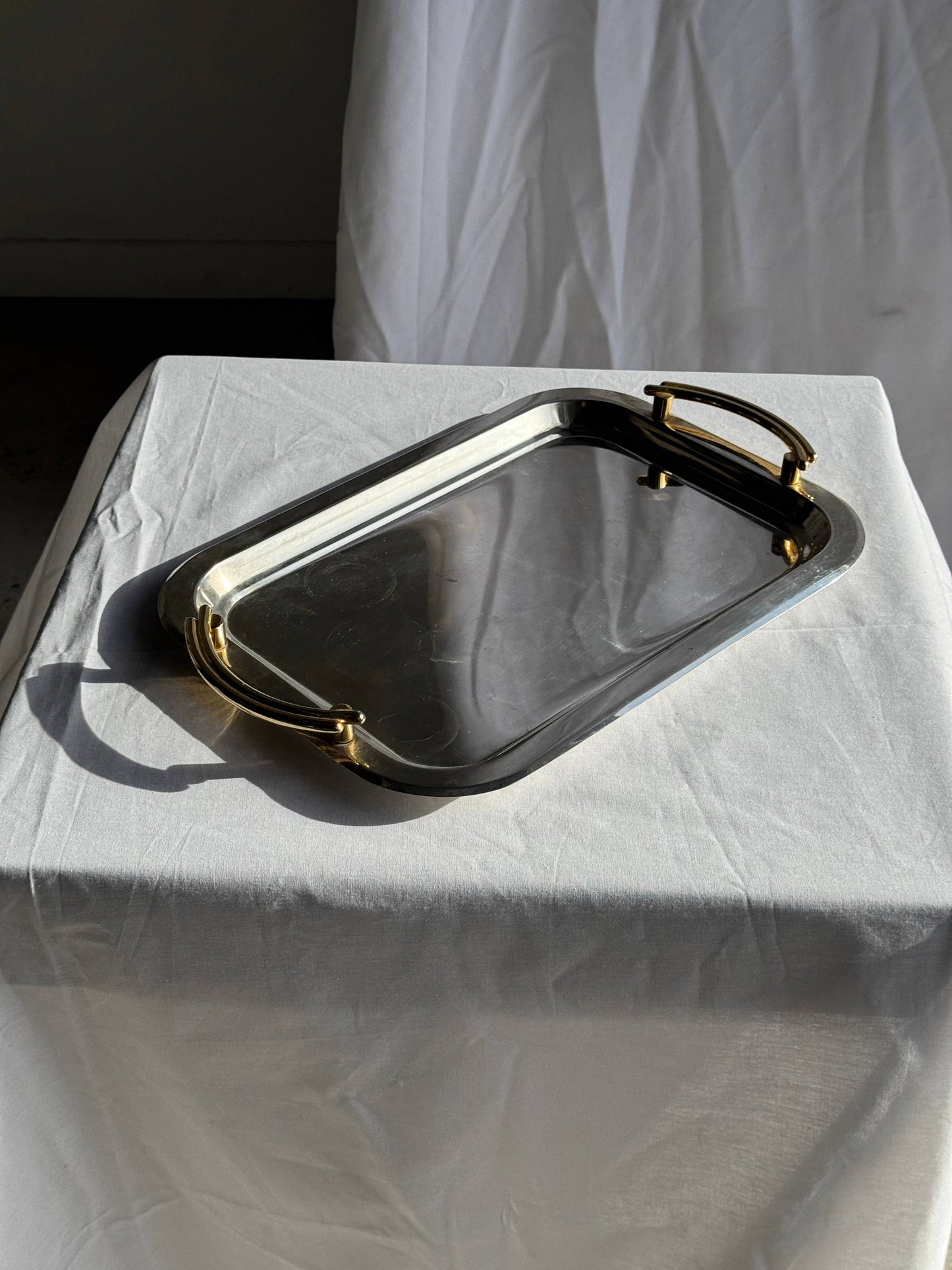 Vintage silver-plated metal tray with golden handles 29x45