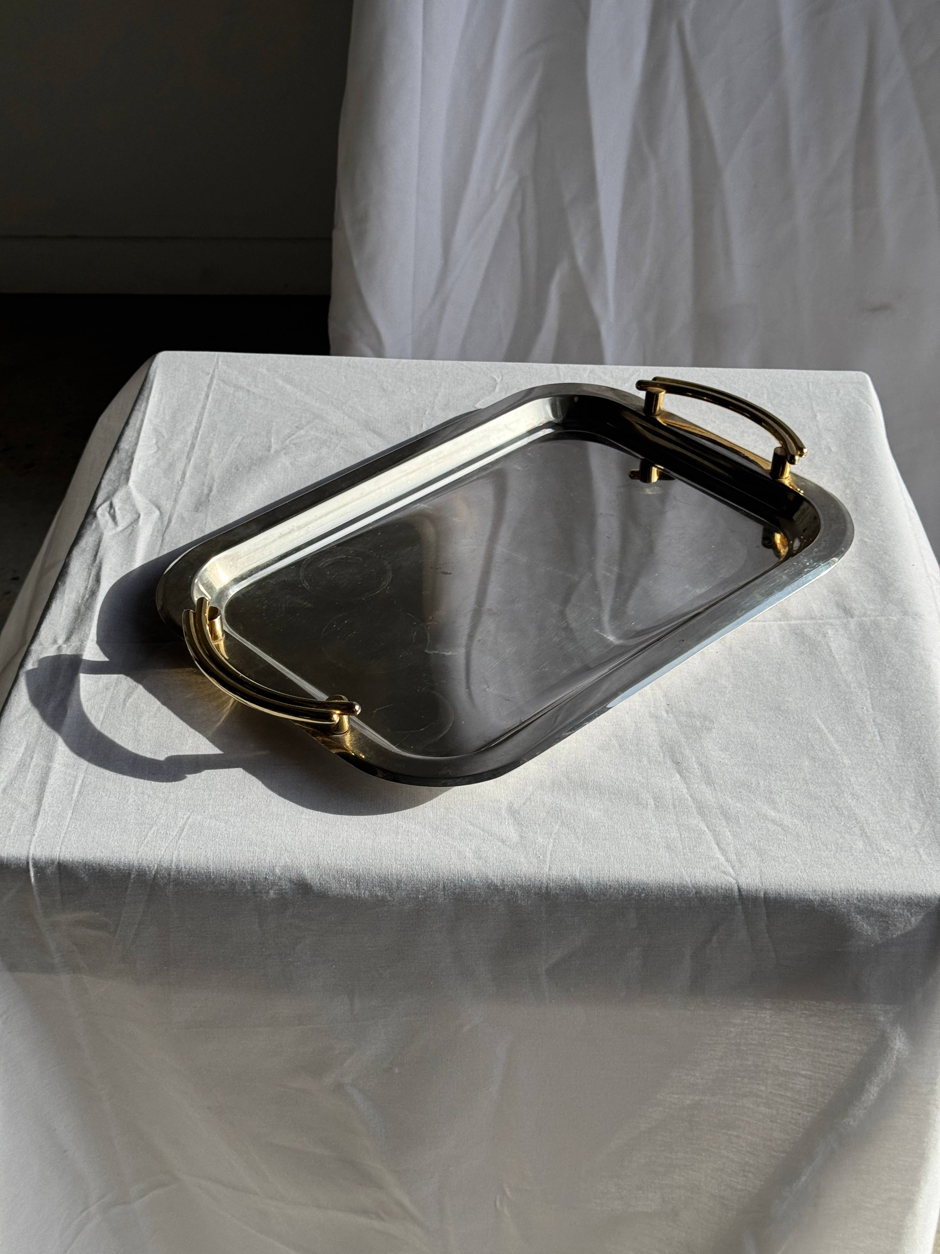Vintage silver-plated metal tray with golden handles 29x45