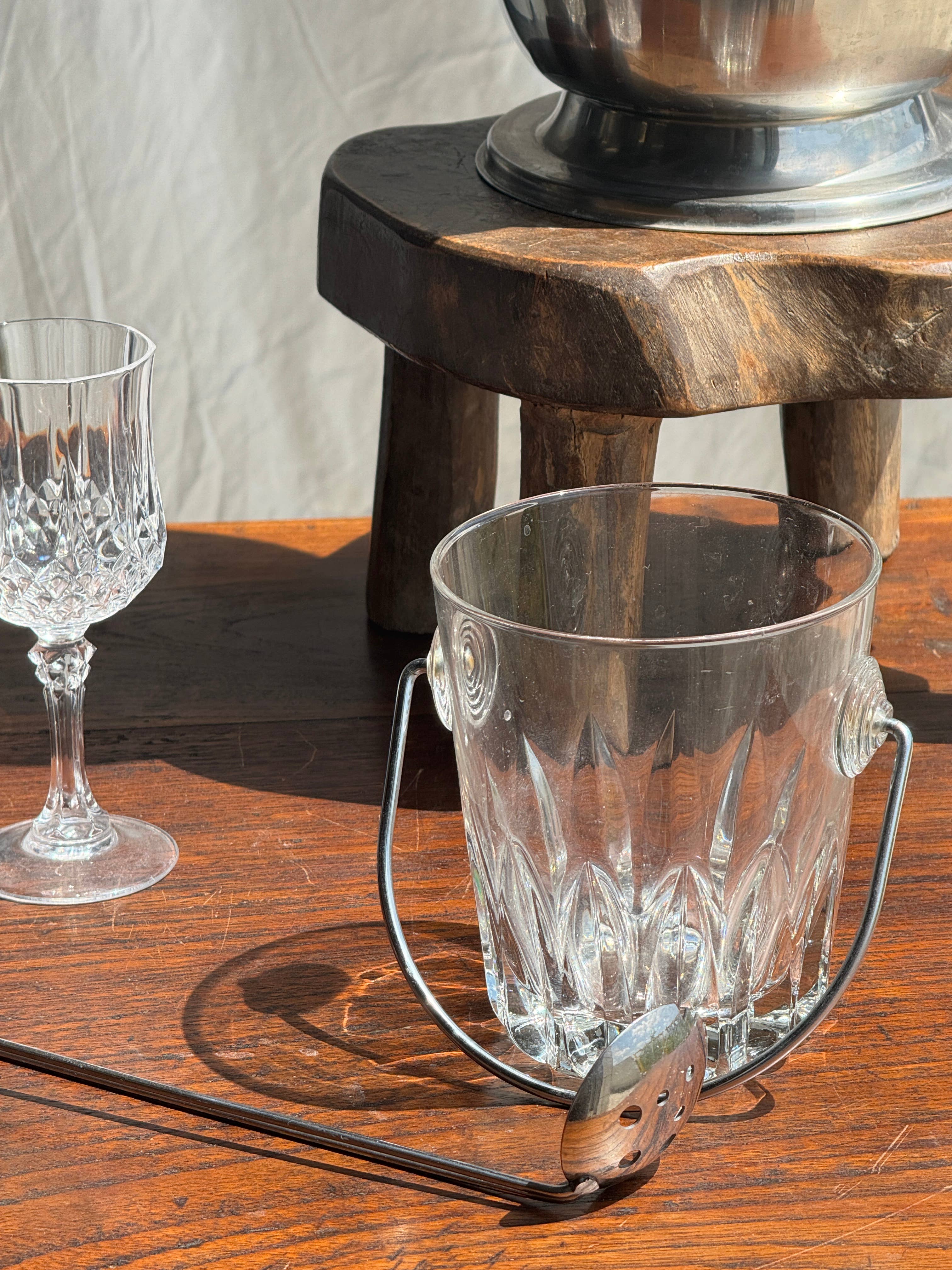 Small glass ice bucket with its ladle H13.5