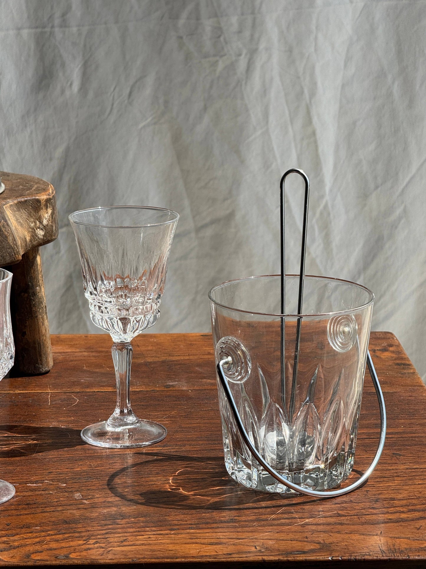 Small glass ice bucket with its ladle H13.5
