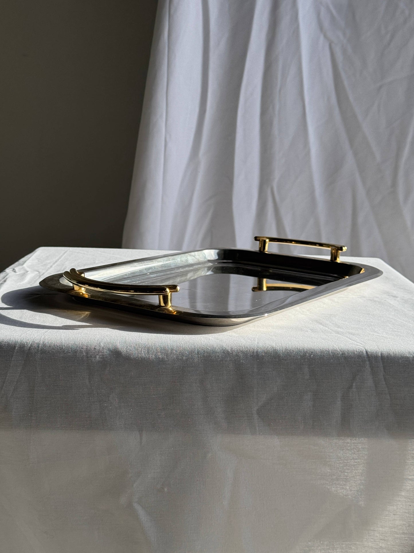 Vintage silver-plated metal tray with golden handles 29x45