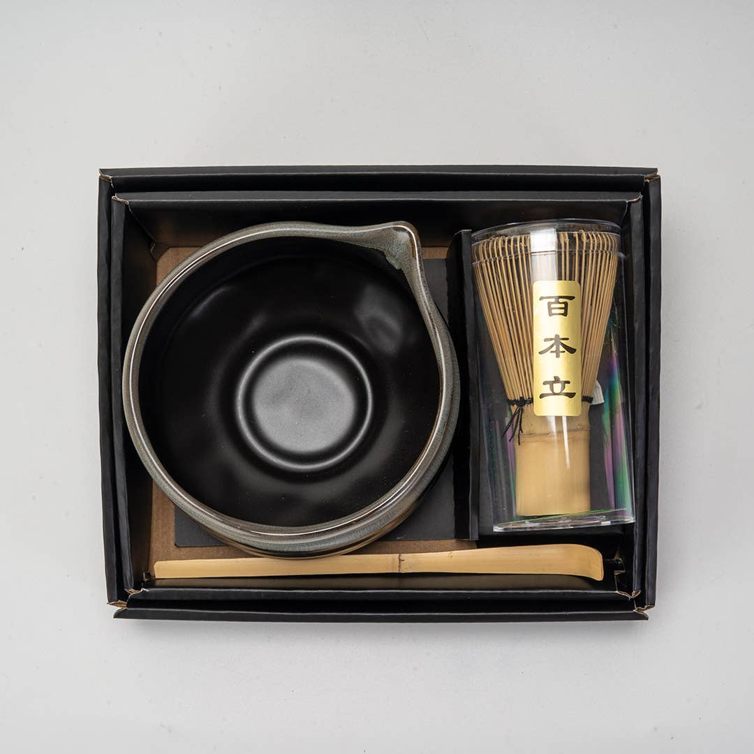 Matcha Set 20oz Porcelain Latte Bowl with Whisk and Scoop Gray Black (1/16)