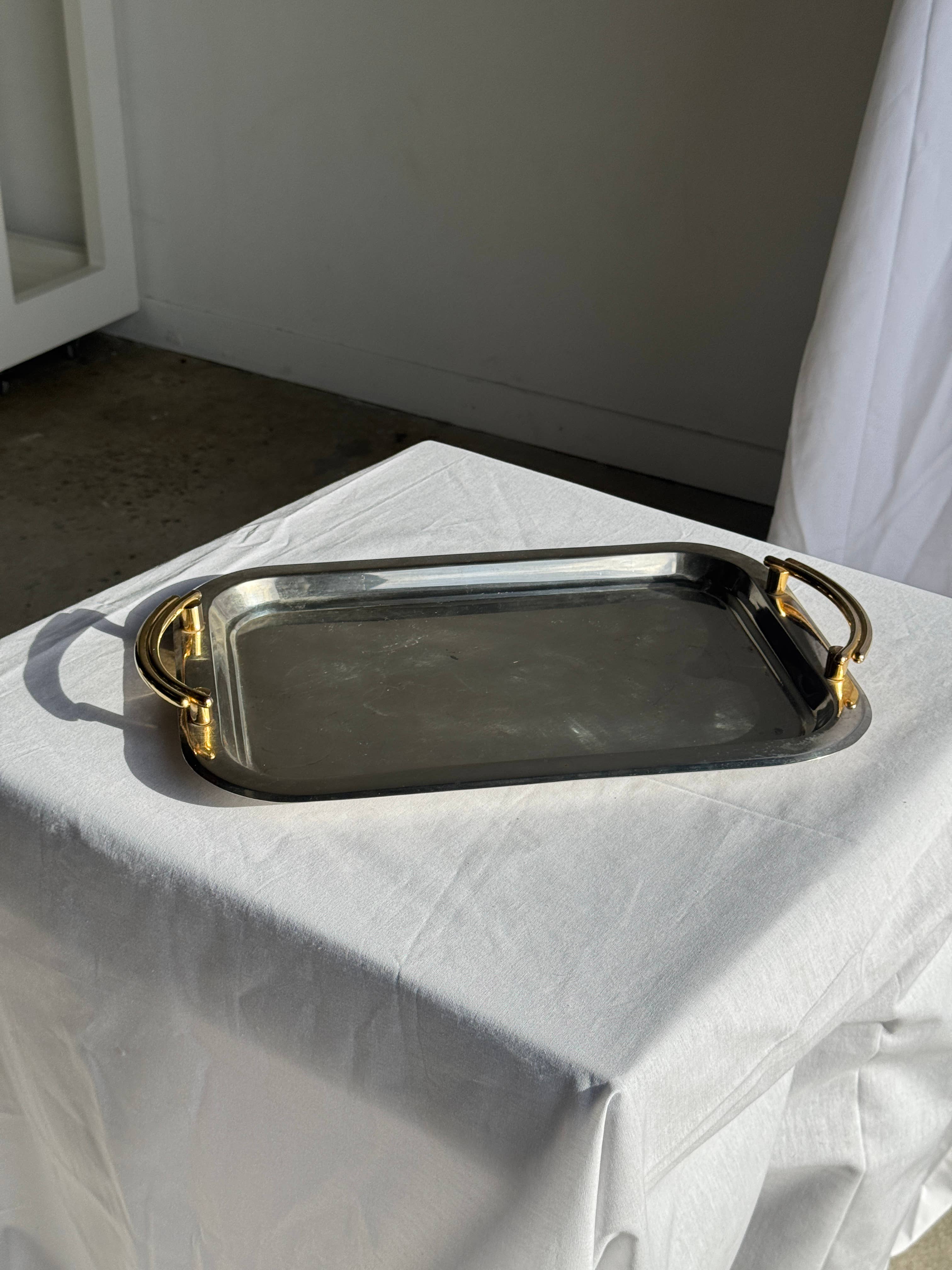 Vintage silver-plated metal tray with golden handles 29x45