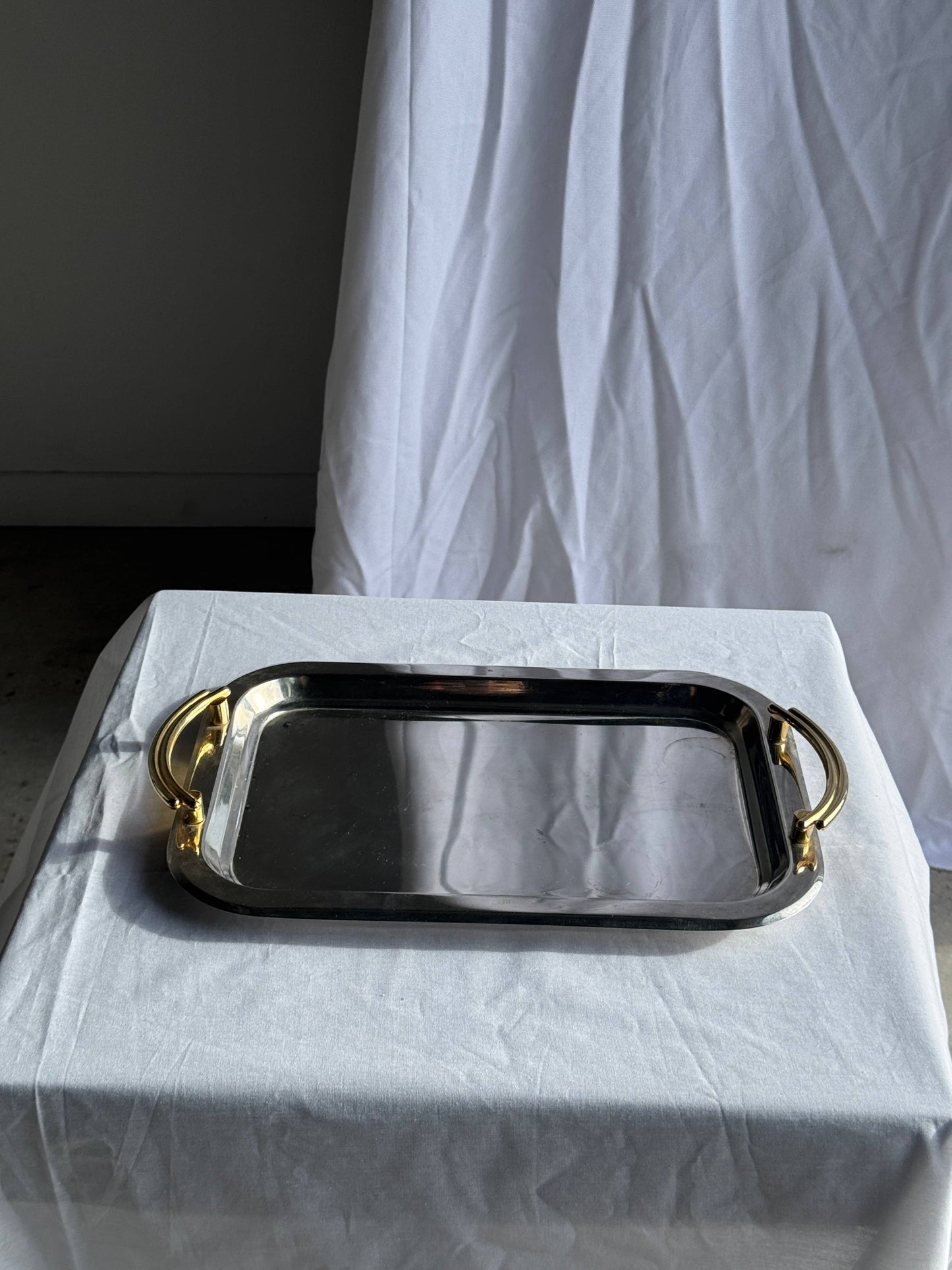 Vintage silver-plated metal tray with golden handles 29x45
