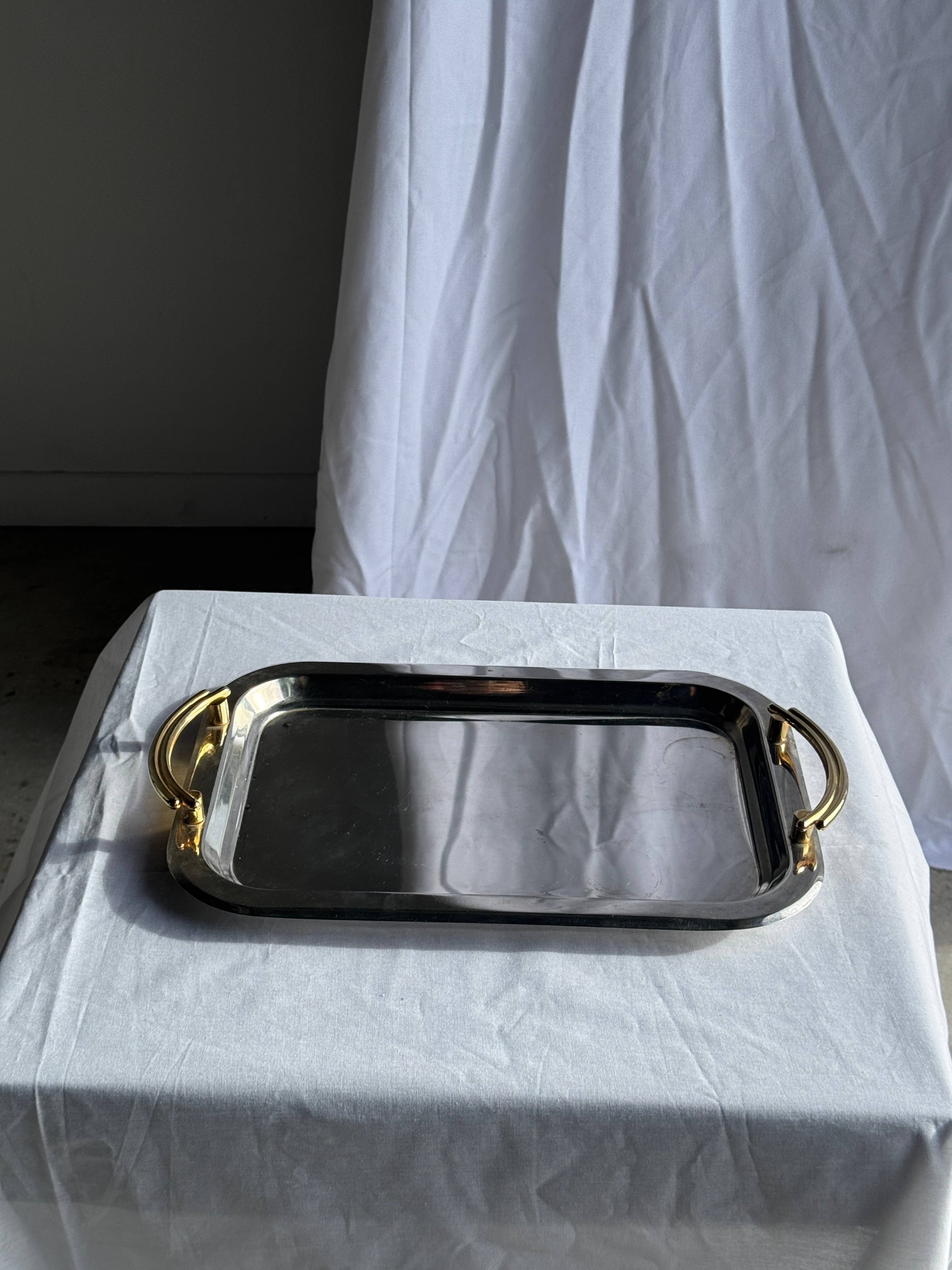 Vintage silver-plated metal tray with golden handles 29x45