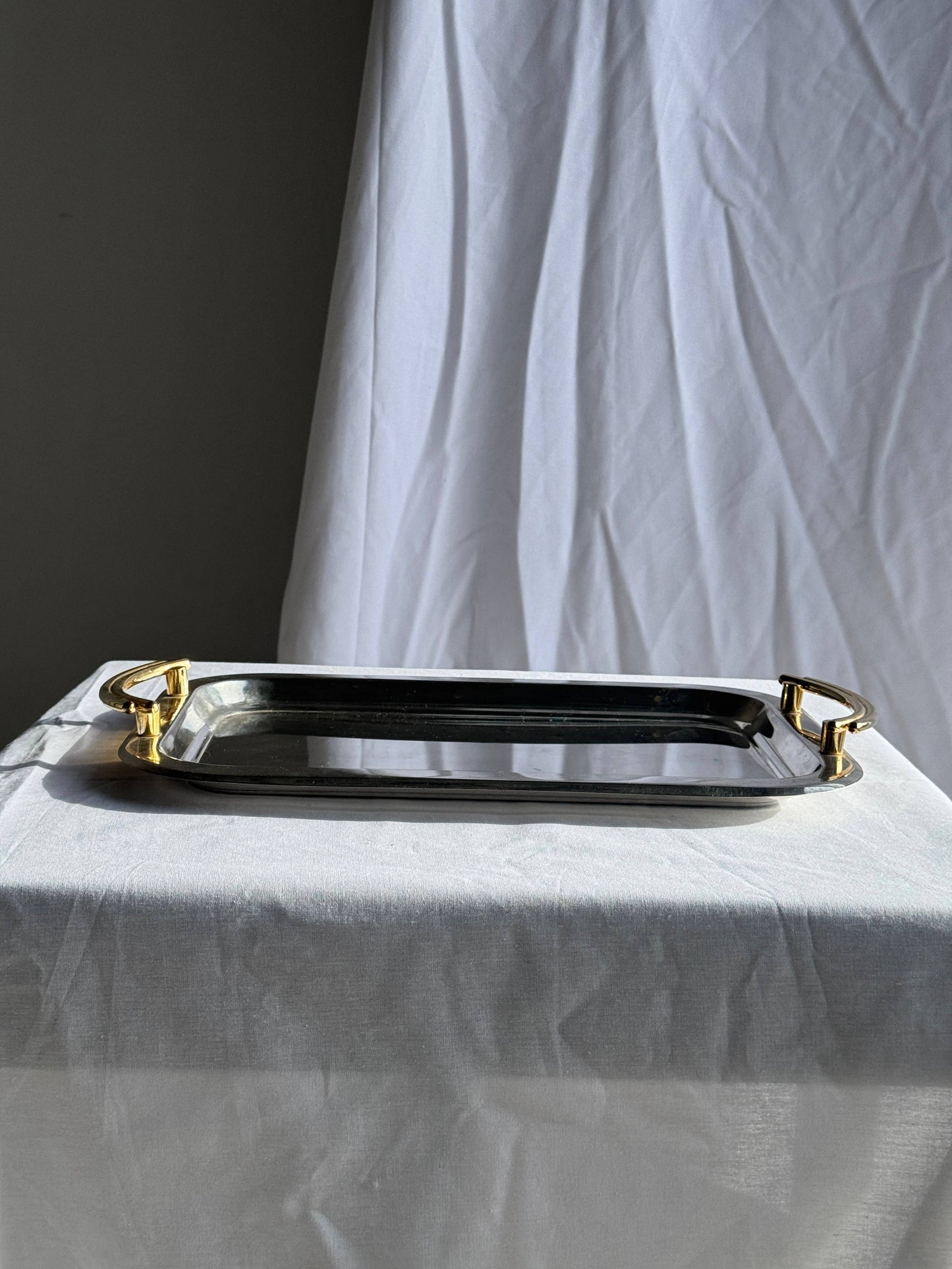 Vintage silver-plated metal tray with golden handles 29x45