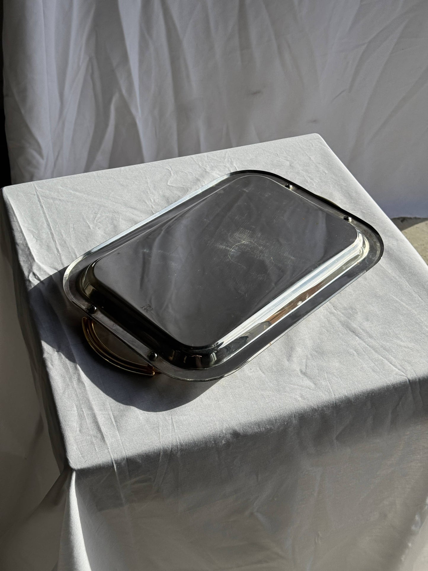 Vintage silver-plated metal tray with golden handles 29x45