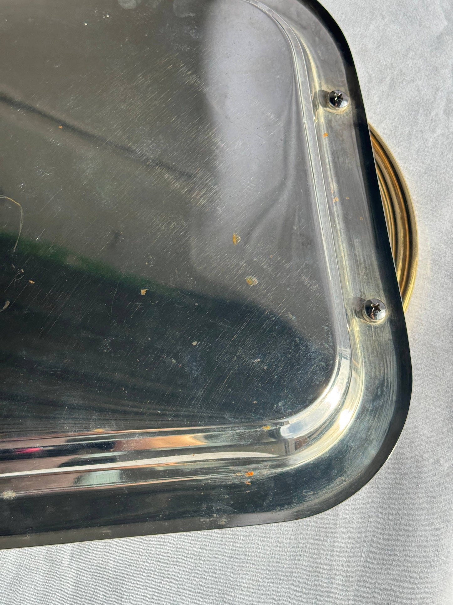 Vintage silver-plated metal tray with golden handles 29x45