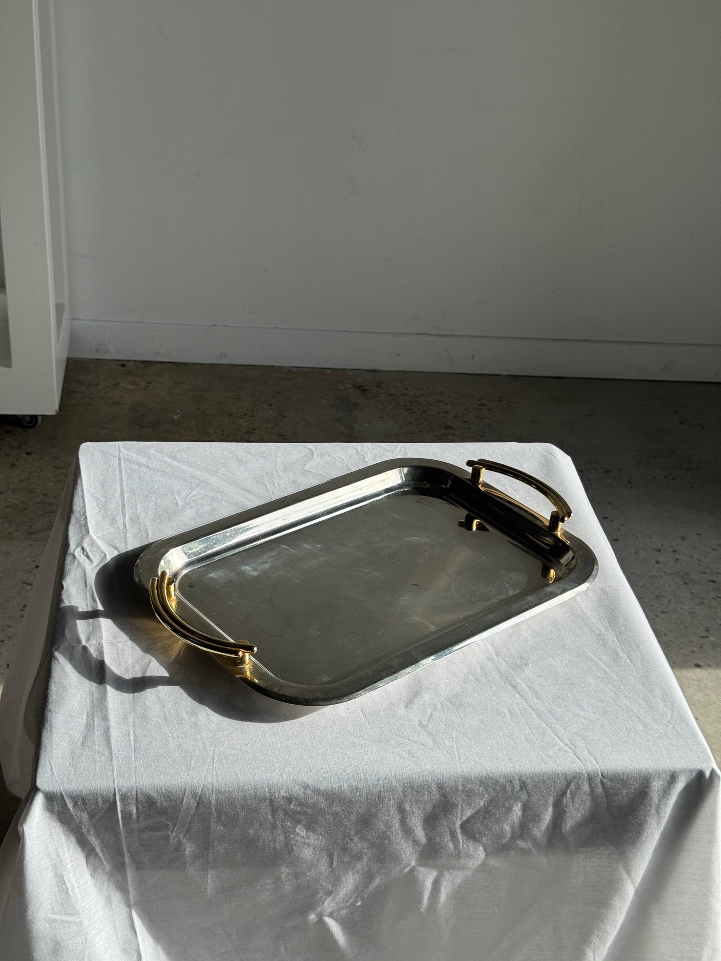 Vintage silver-plated metal tray with golden handles 29x45