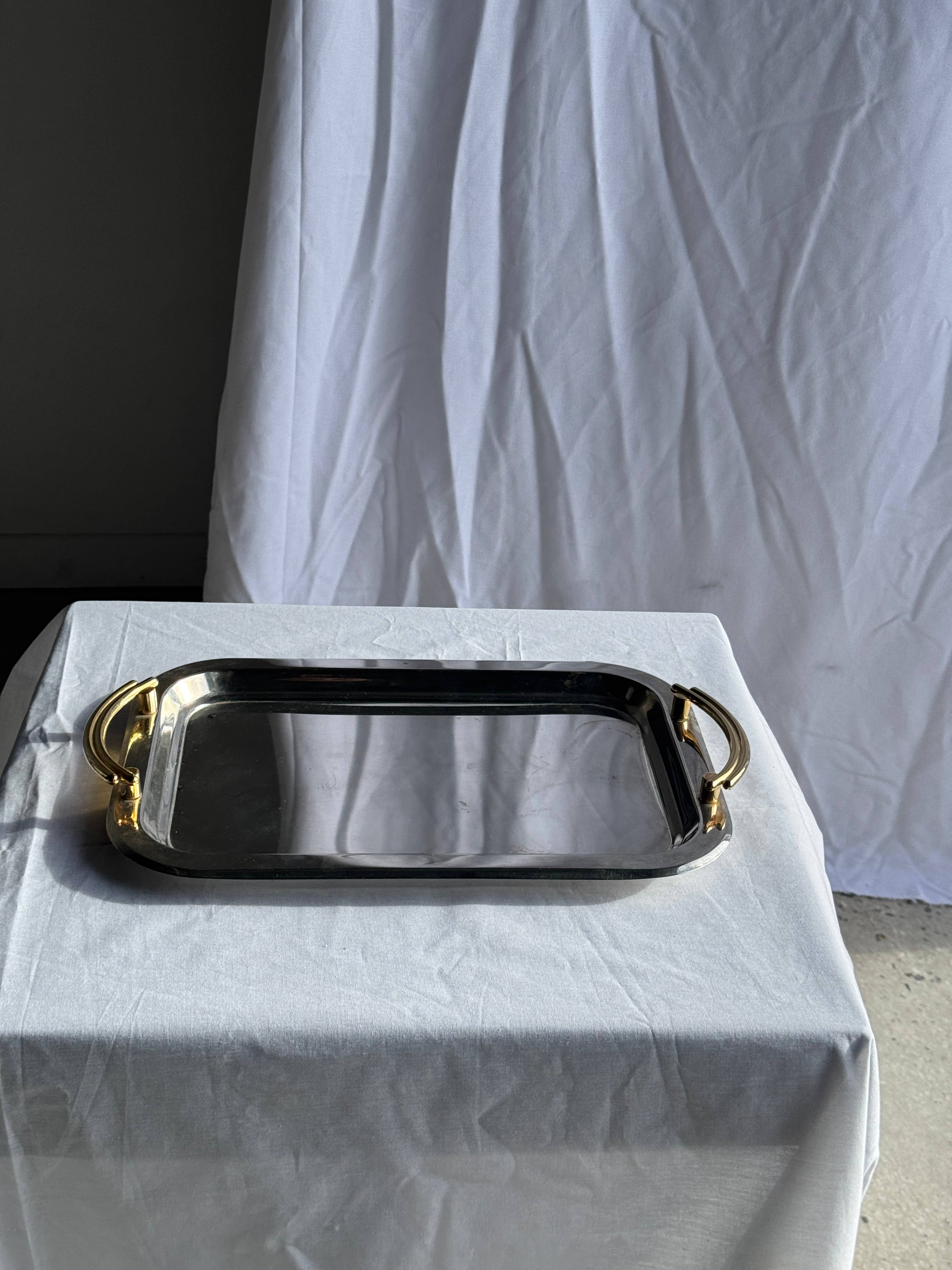 Vintage silver-plated metal tray with golden handles 29x45