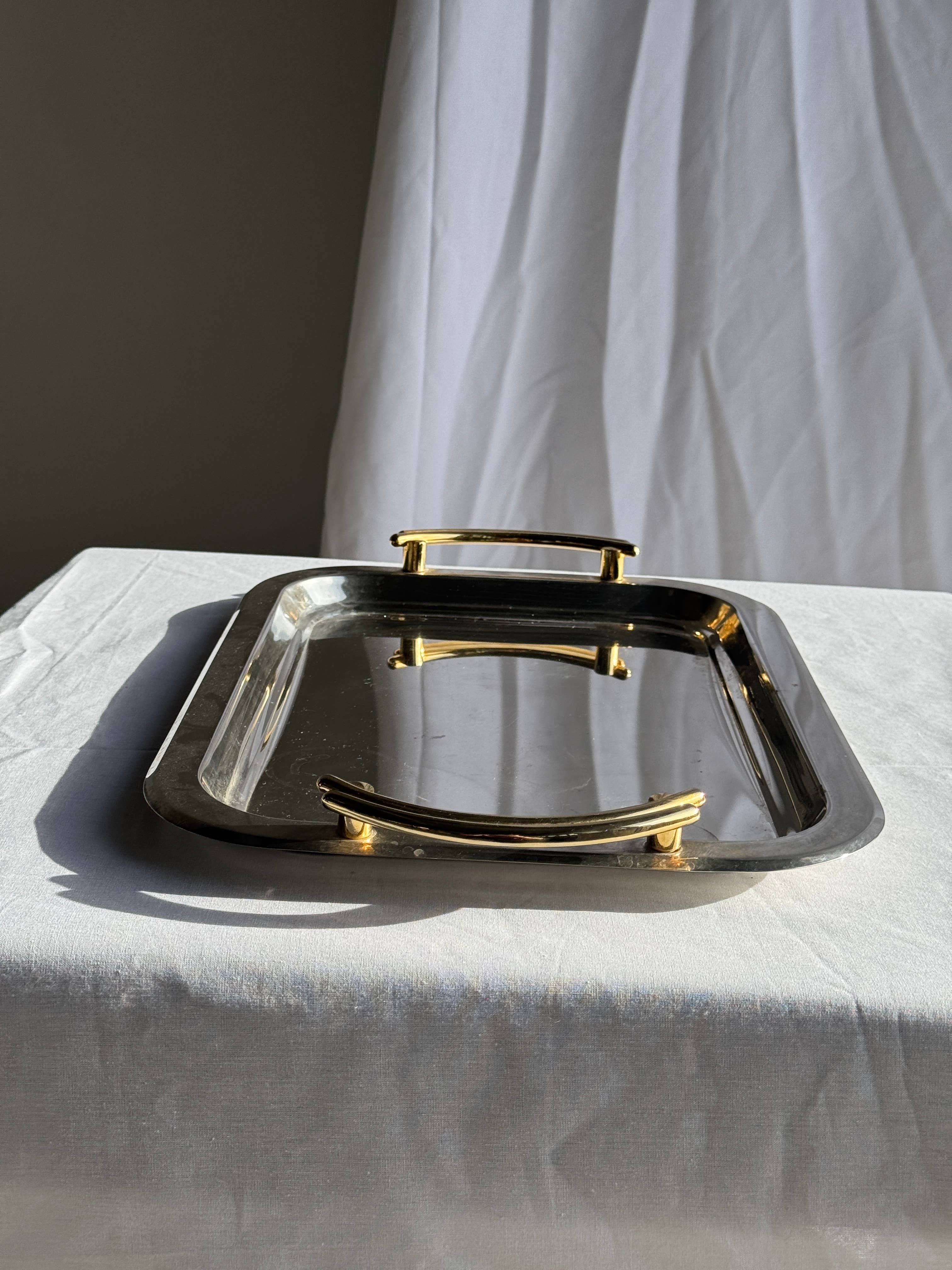 Vintage silver-plated metal tray with golden handles 29x45
