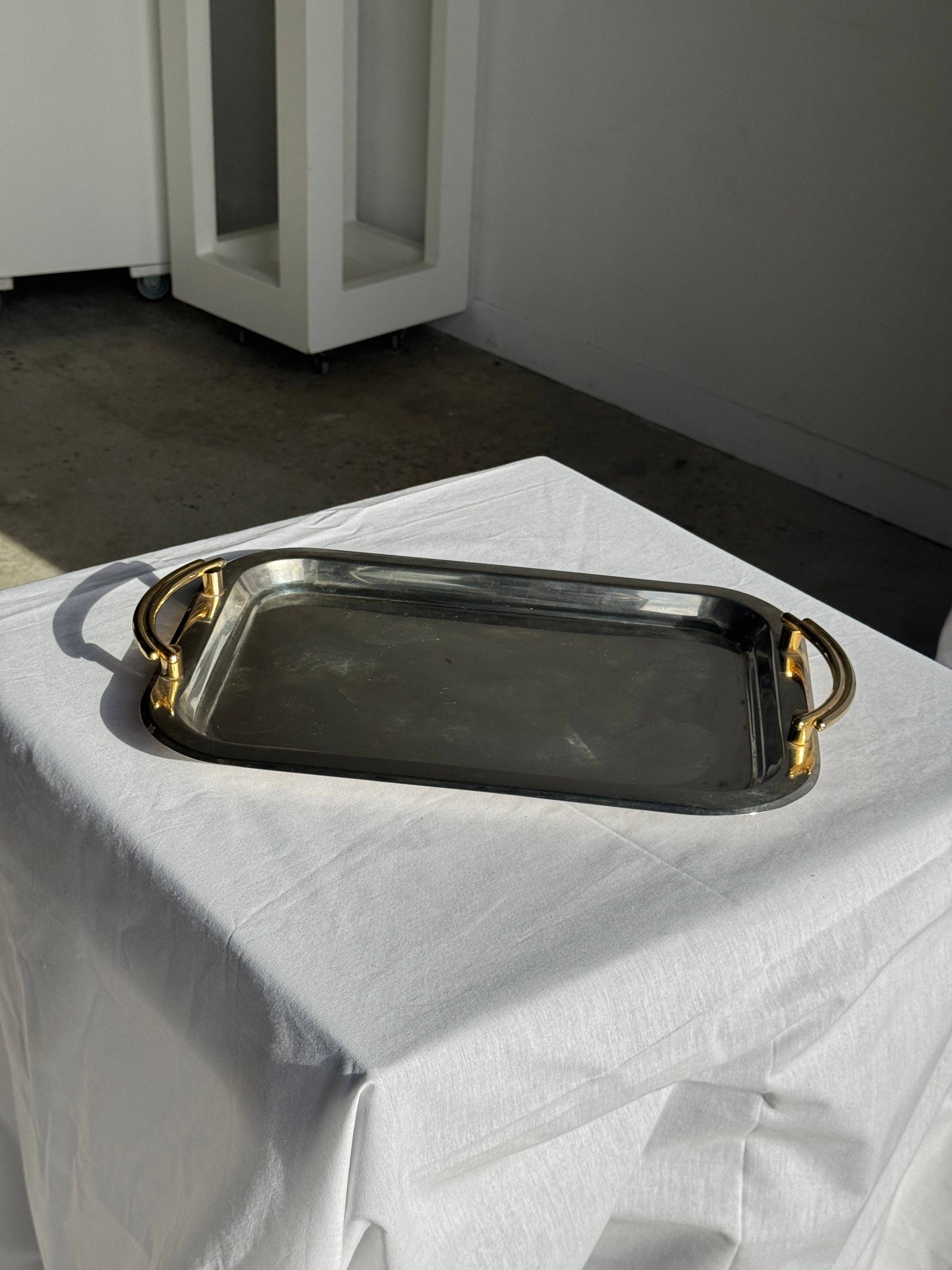 Vintage silver-plated metal tray with golden handles 29x45