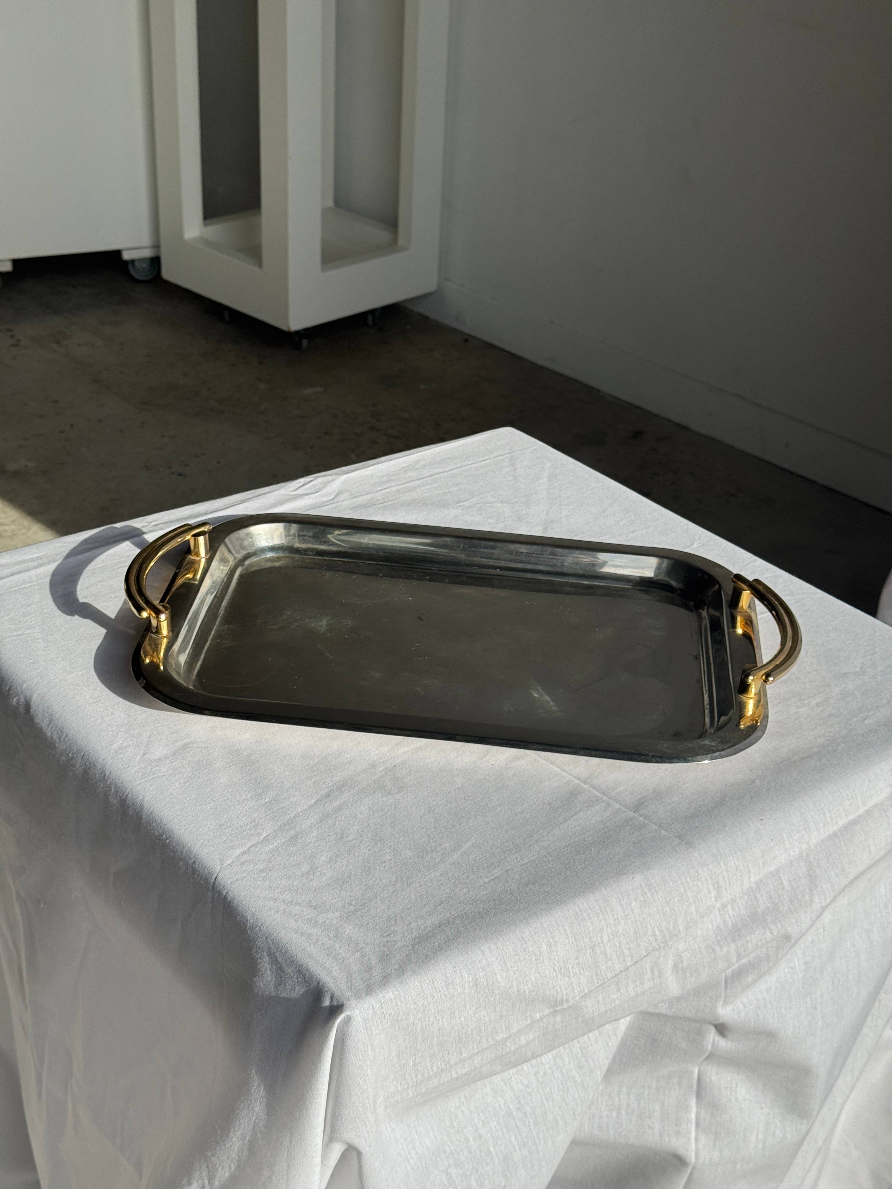 Vintage silver-plated metal tray with golden handles 29x45