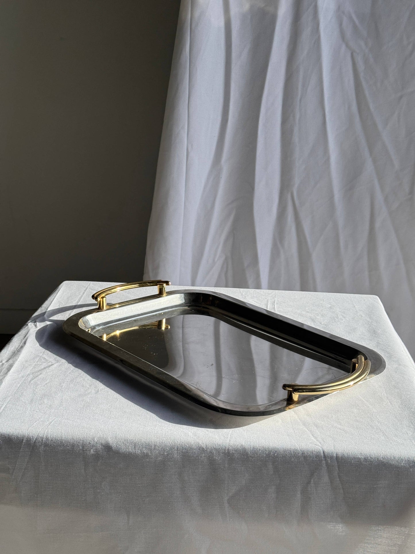 Vintage silver-plated metal tray with golden handles 29x45