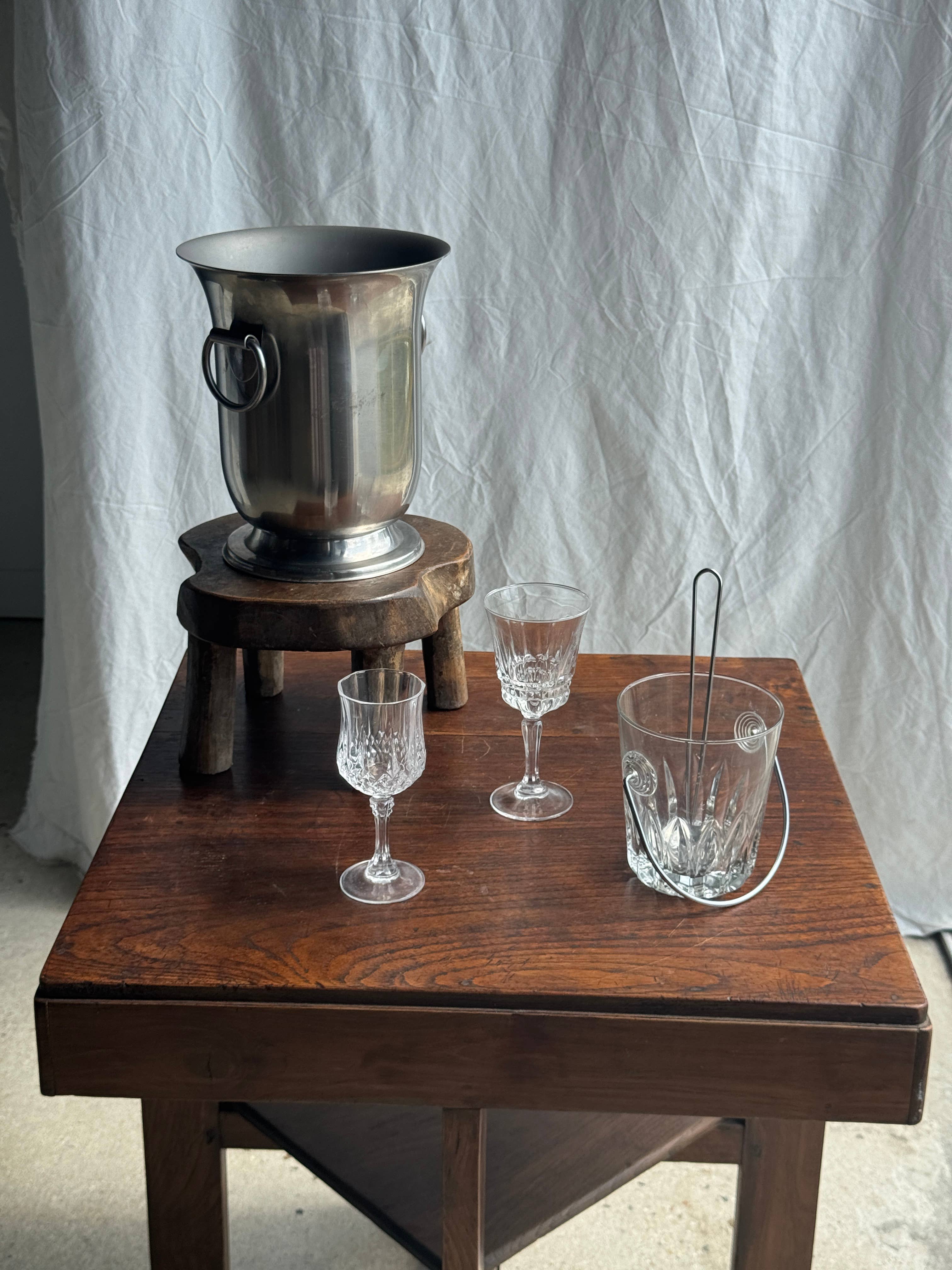 Small glass ice bucket with its ladle H13.5