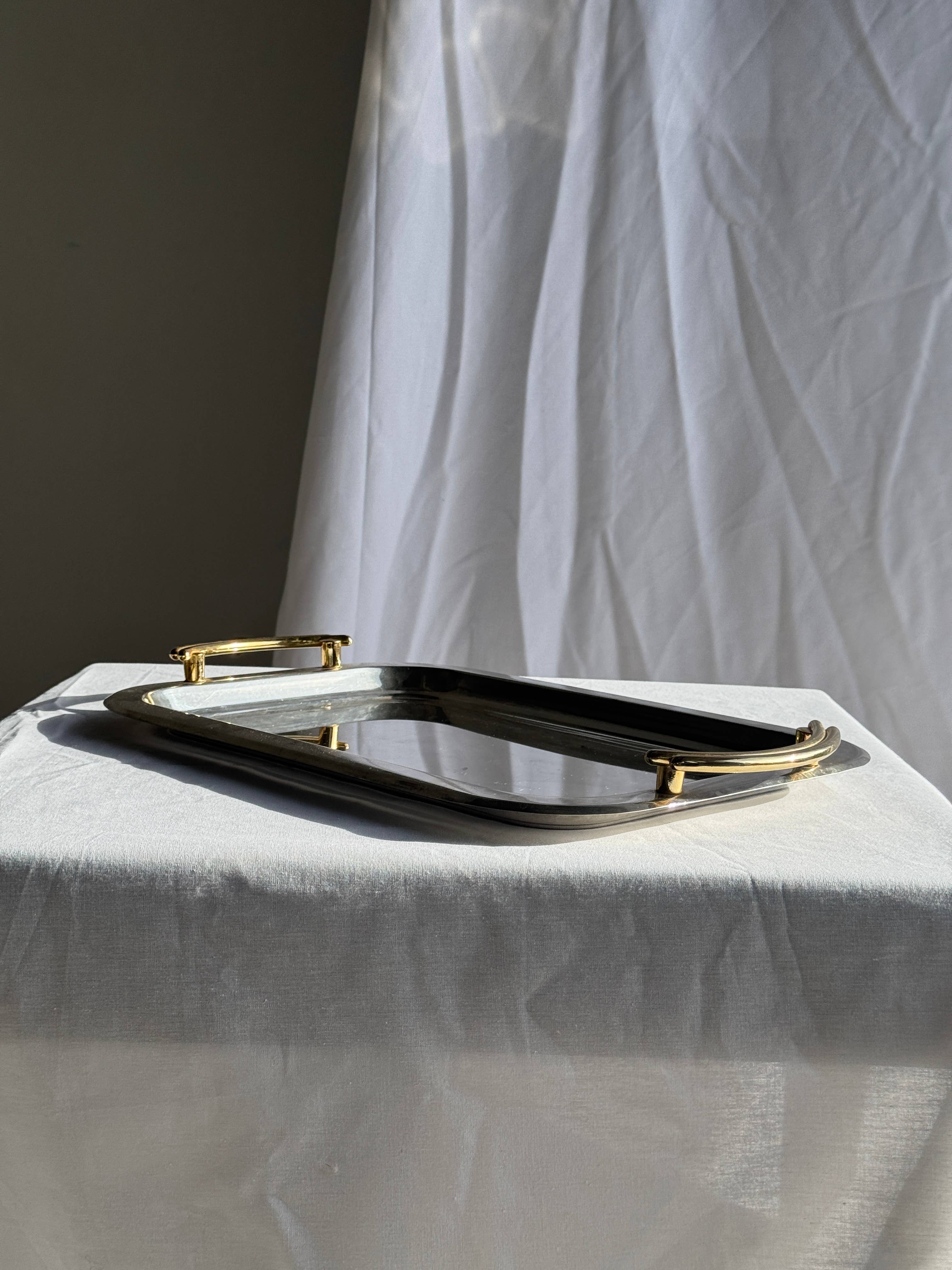 Vintage silver-plated metal tray with golden handles 29x45
