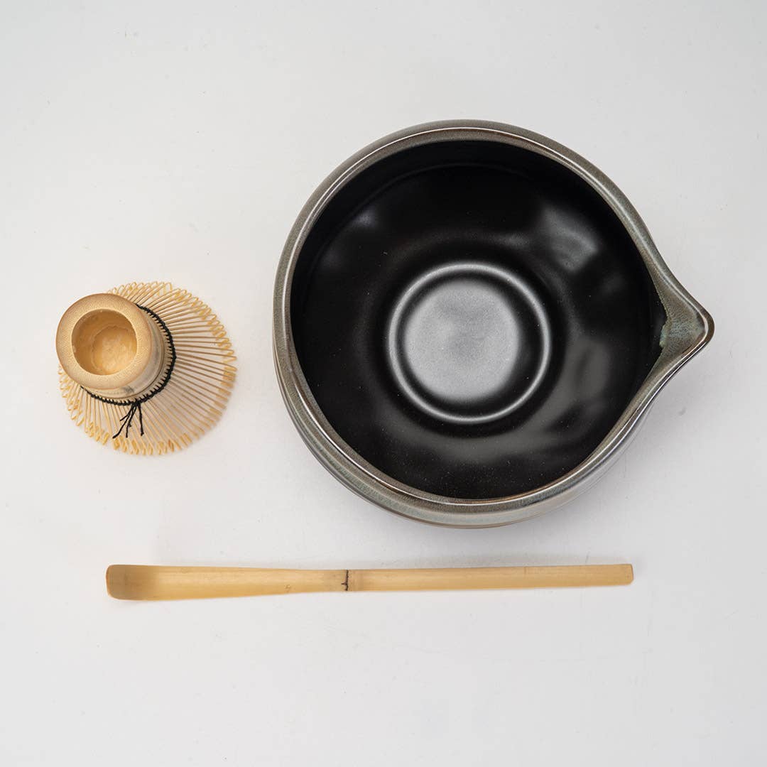 Matcha Set 20oz Porcelain Latte Bowl with Whisk and Scoop Gray Black (1/16)