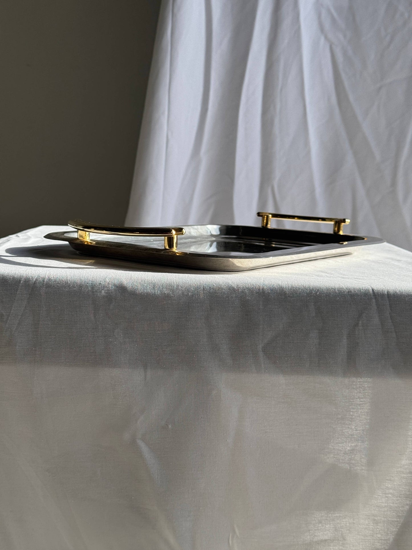 Vintage silver-plated metal tray with golden handles 29x45