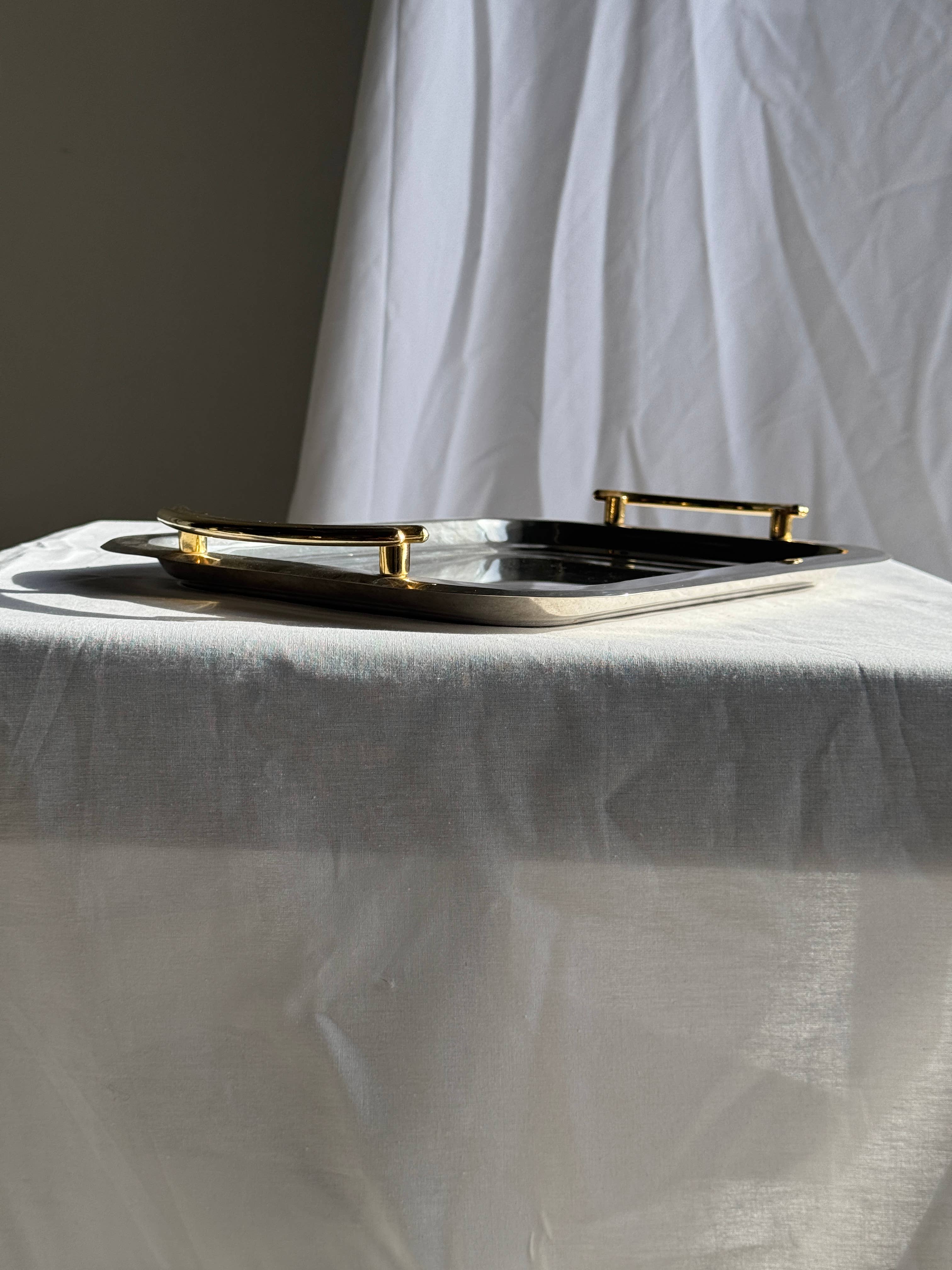 Vintage silver-plated metal tray with golden handles 29x45
