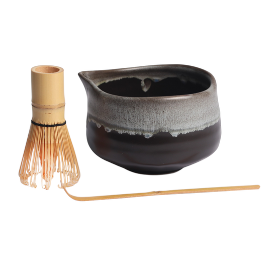 Matcha Set 20oz Porcelain Latte Bowl with Whisk and Scoop Gray Black (1/16)