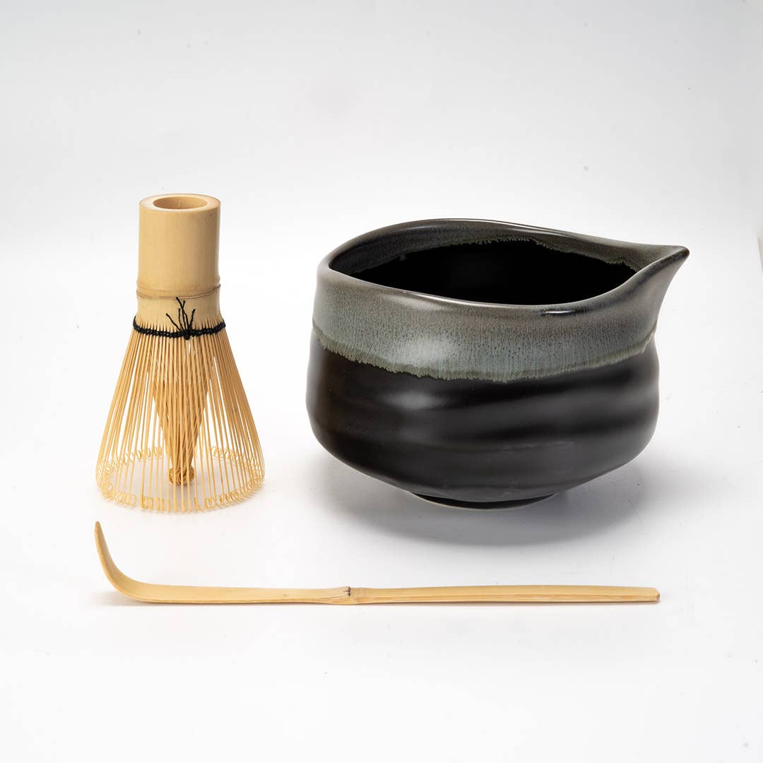 Matcha Set 20oz Porcelain Latte Bowl with Whisk and Scoop Gray Black (1/16)