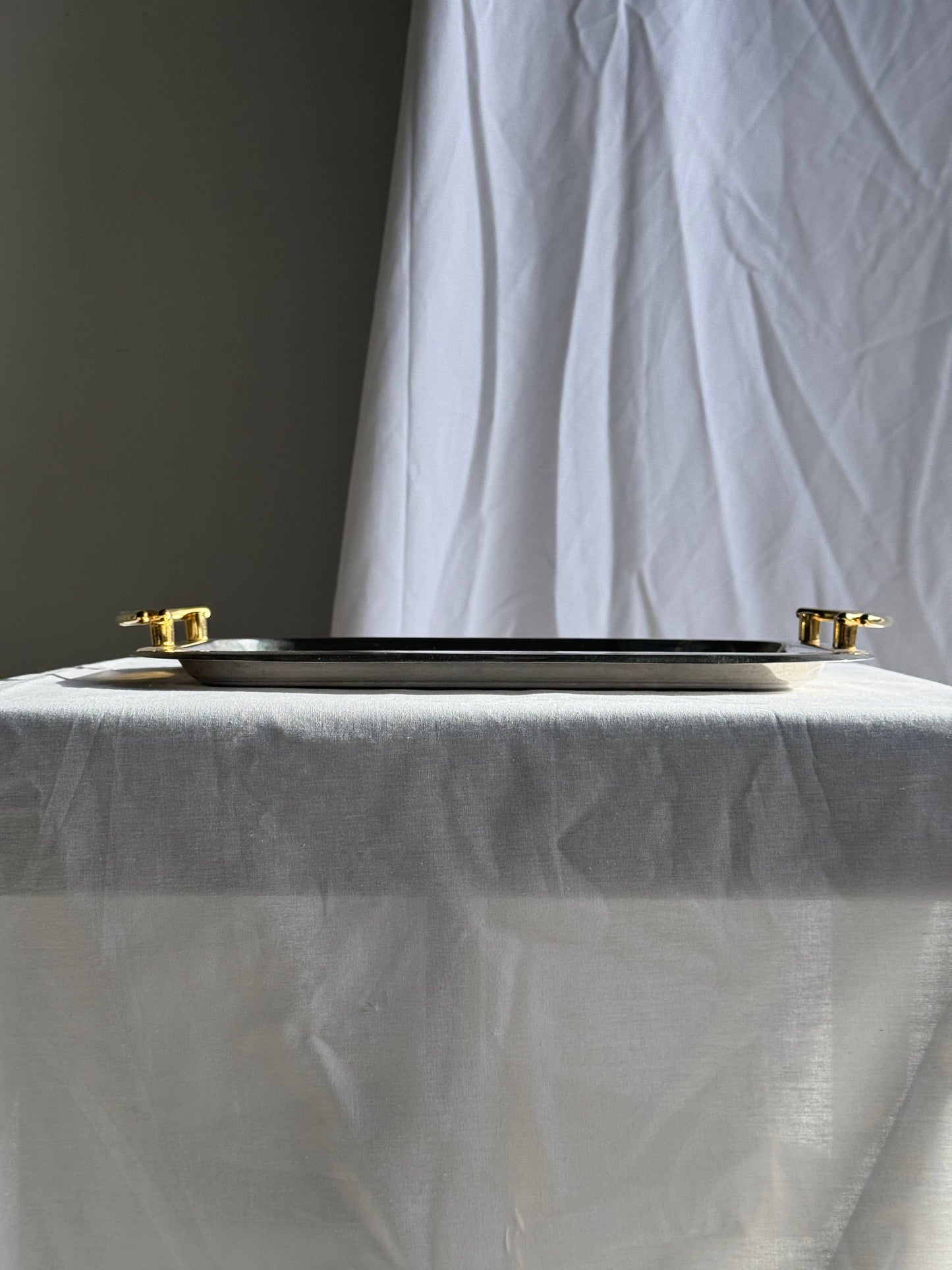 Vintage silver-plated metal tray with golden handles 29x45