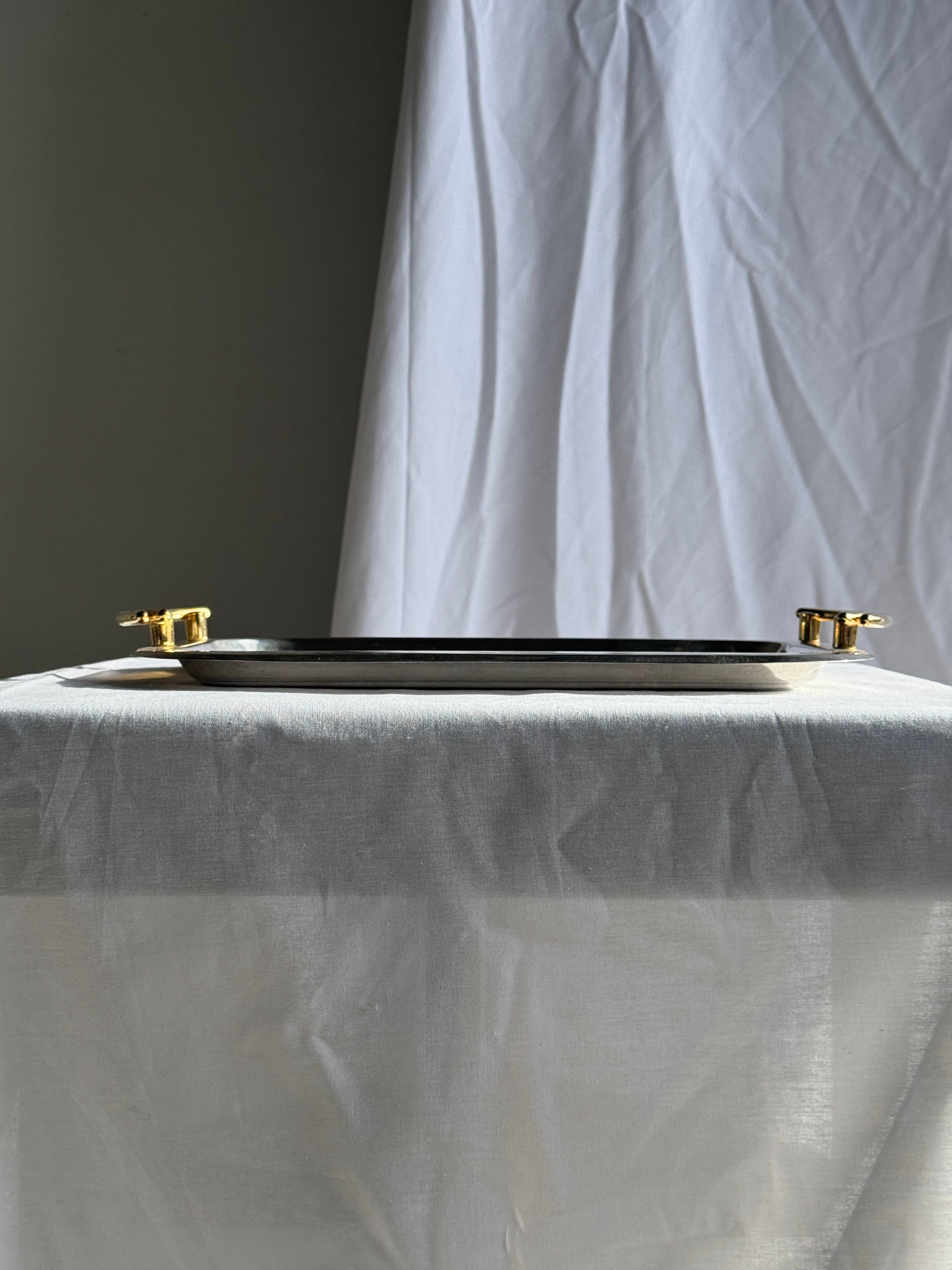 Vintage silver-plated metal tray with golden handles 29x45