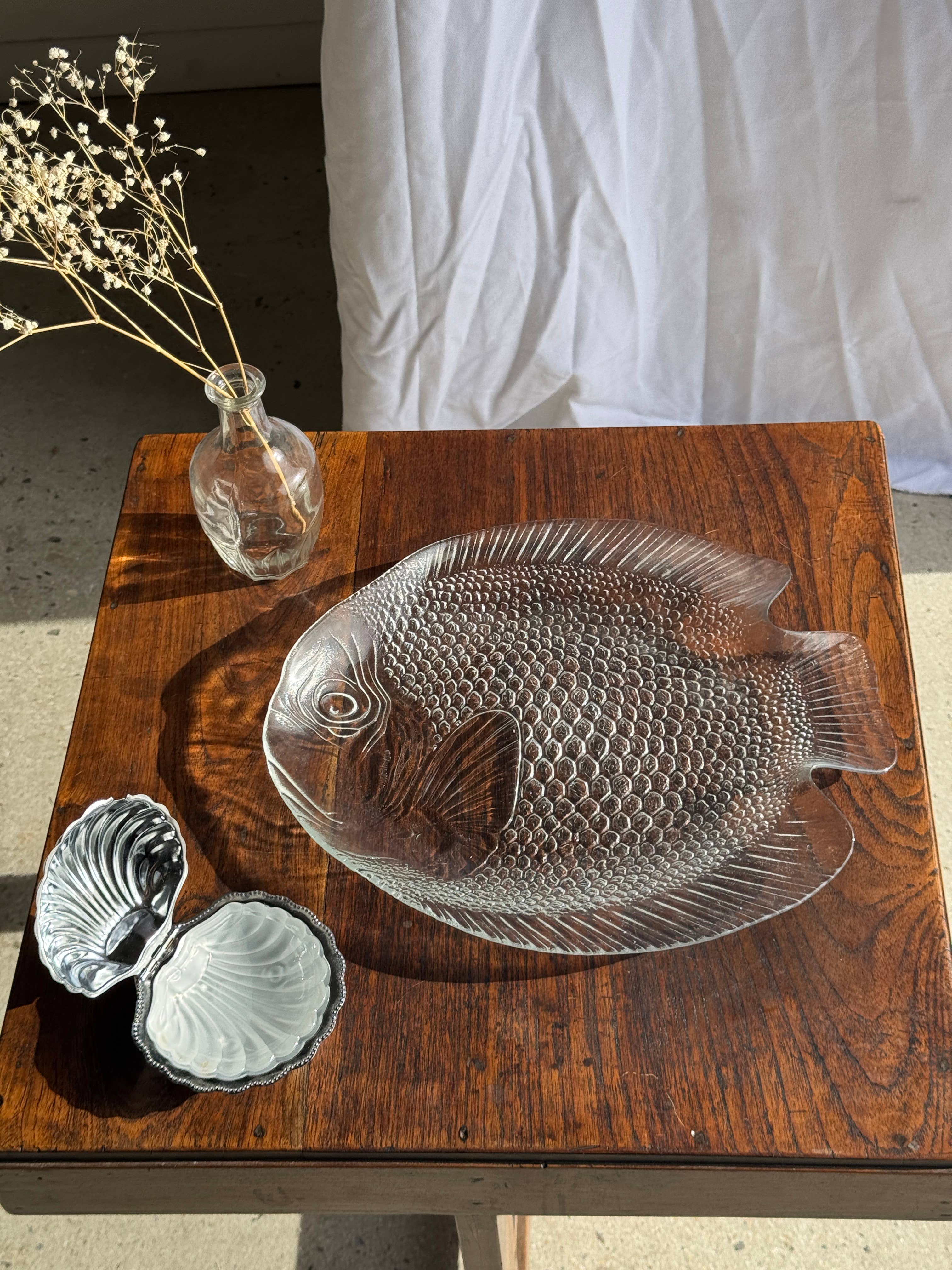 Large fish platter, transparent glass, vintage Arcoroc, L38.5