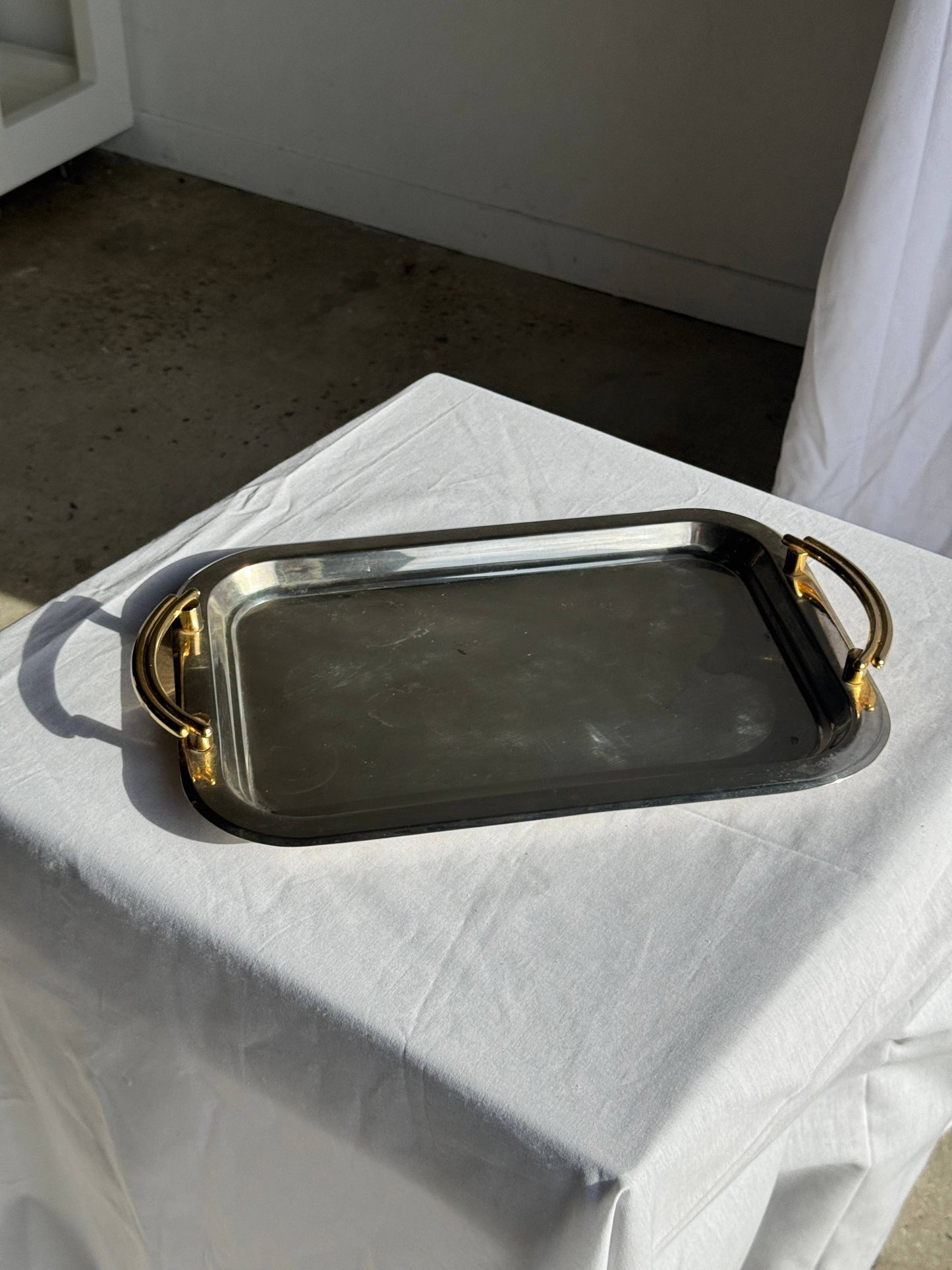 Vintage silver-plated metal tray with golden handles 29x45