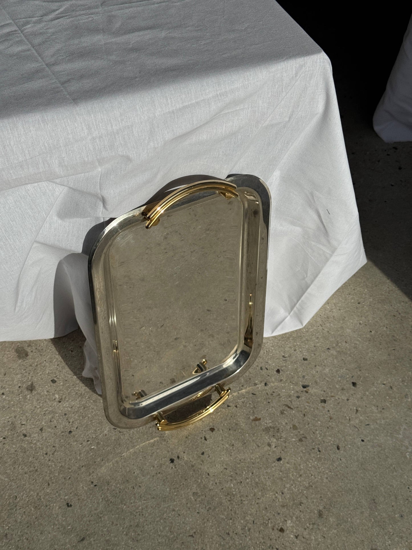 Vintage silver-plated metal tray with golden handles 29x45