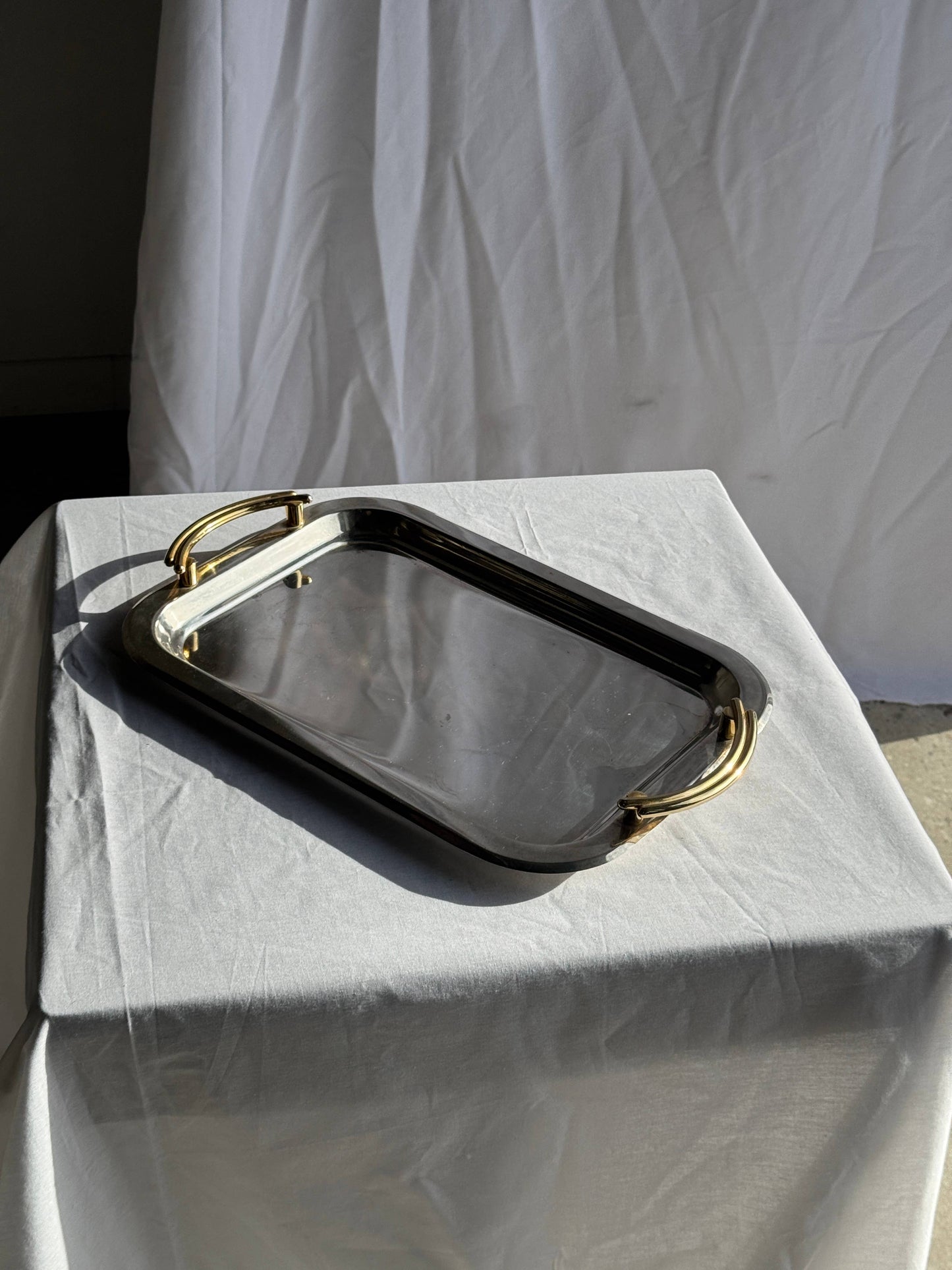 Vintage silver-plated metal tray with golden handles 29x45