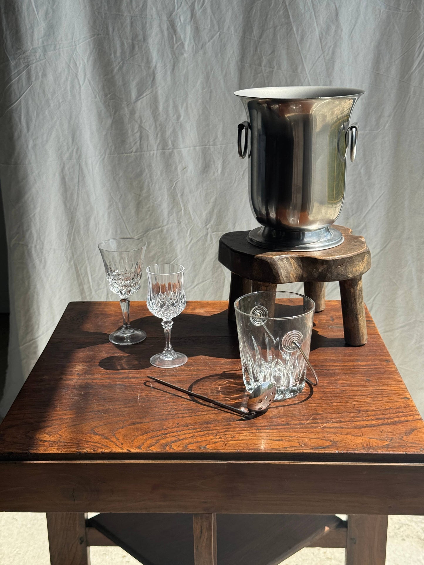 Small glass ice bucket with its ladle H13.5